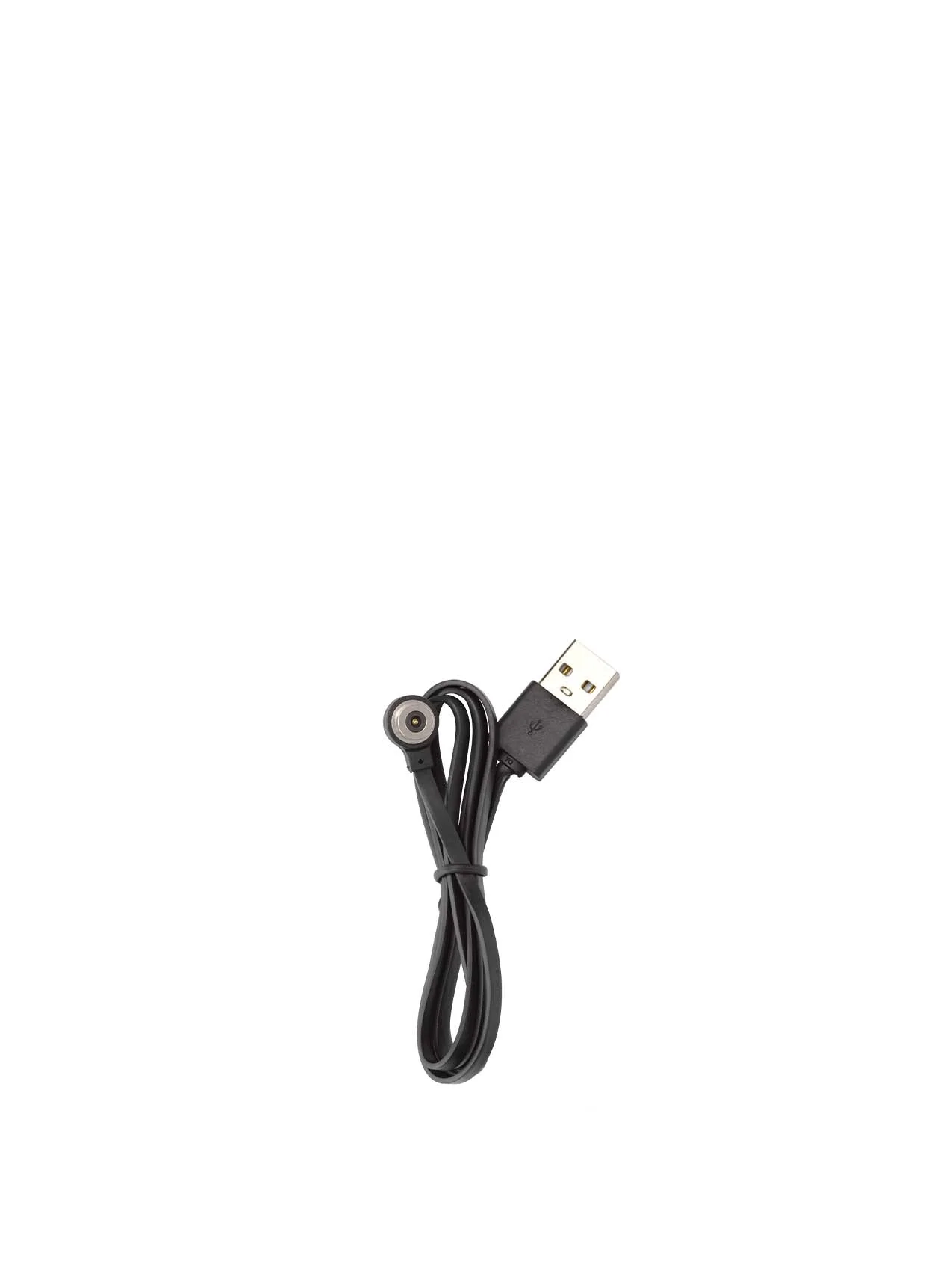 Close-up of a black USB charging cable with a round, magnetic connector at one end, coiled and shown on a white background