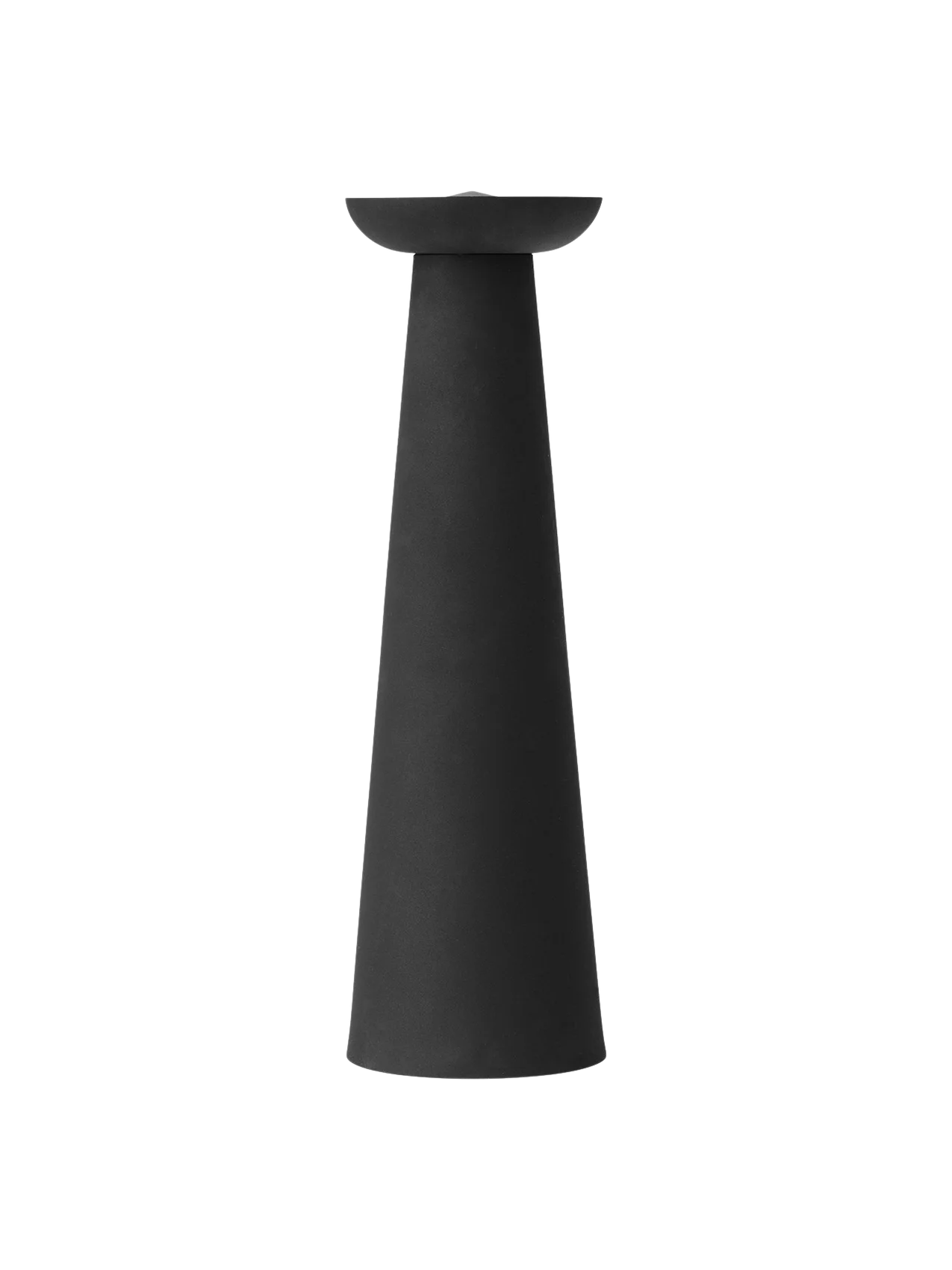Front view of the Meira Oil Lantern. A tall, black steel lantern with a cone-shaped body and a bowl-shaped top.