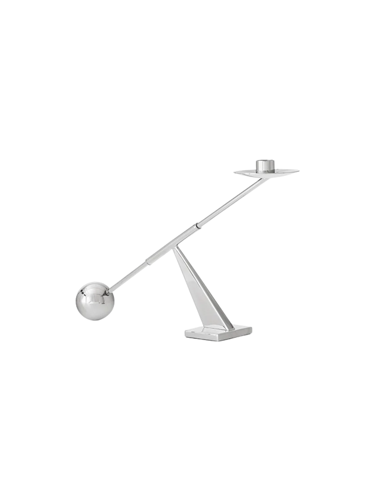 L'Équilibre Candlestick in polished chrome, featuring a balancing arm with a spherical counterweight and a candle holder