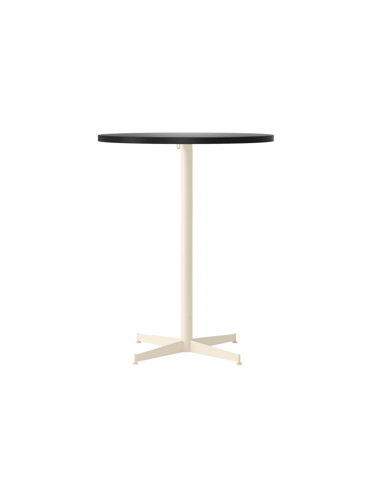 Front view of the Nook Counter Table, showing its round, dark charcoal tabletop and slim, ivory pedestal base with four feet.