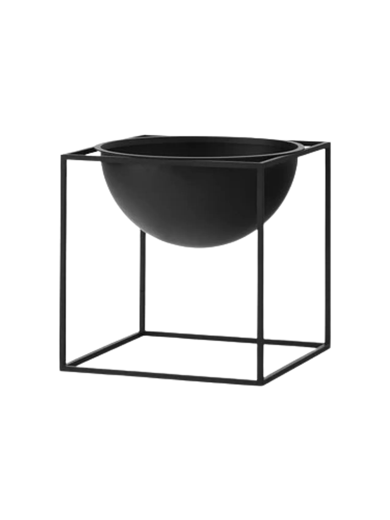 The Large Kubus Bowl in black, a hemispherical bowl held within a minimalist, cubic frame made of thin metal rods.