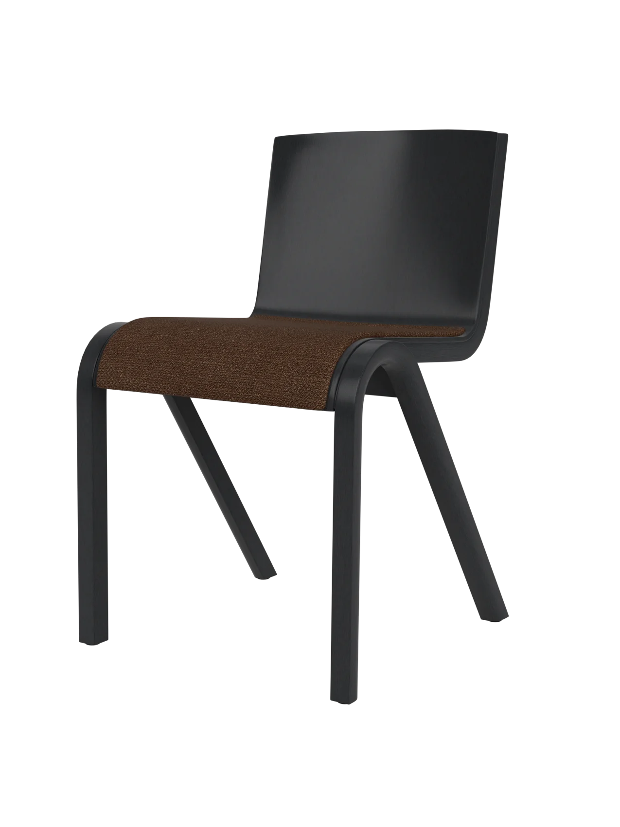Ready Dining Chair in black painted oak with a brown bouclé upholstered seat and minimalist cantilevered silhouette.
