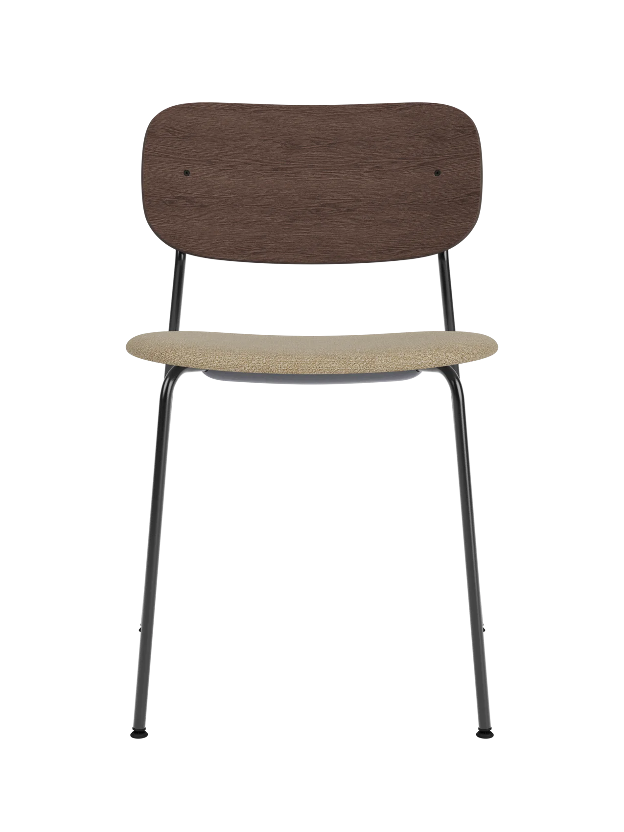 Co Dining Chair featuring a black steel frame, dark stained oak backrest and beige Bouclé 02 upholstered seat.