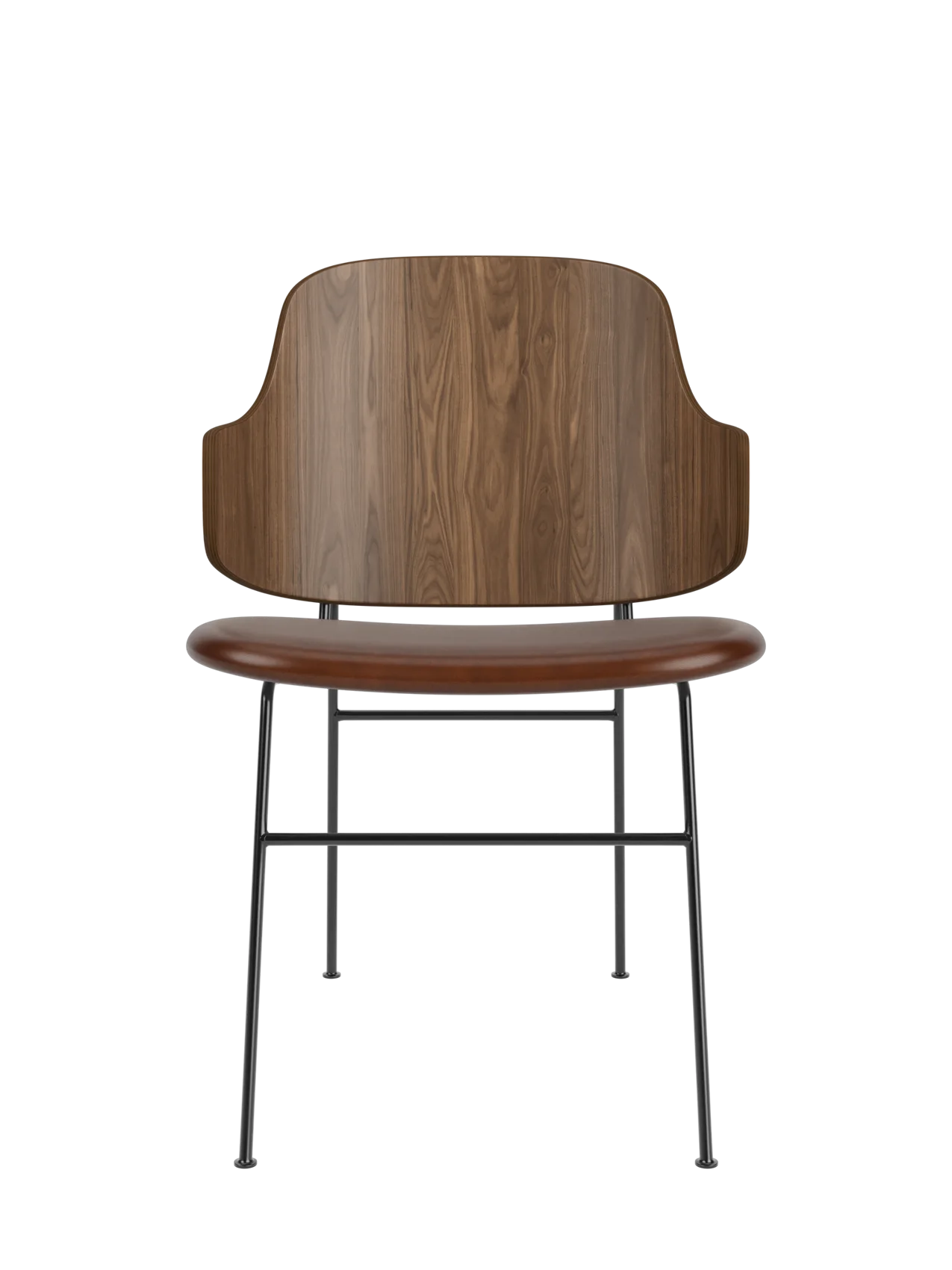 The Penguin Dining Chair in walnut with a brown leather seat and slender black powder-coated steel frame.