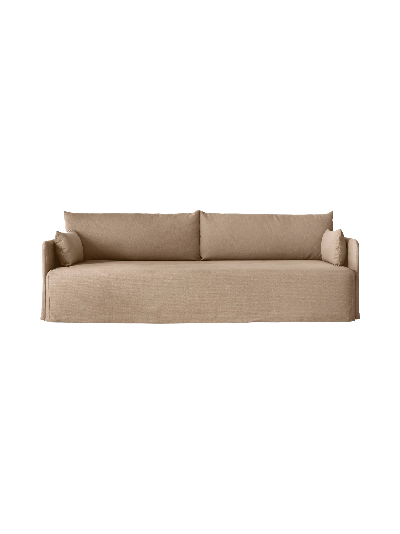 Front view of the 3-seater Offset Sofa. It has a silhouette with a loose cover in textured Flint fabric and soft cushions.