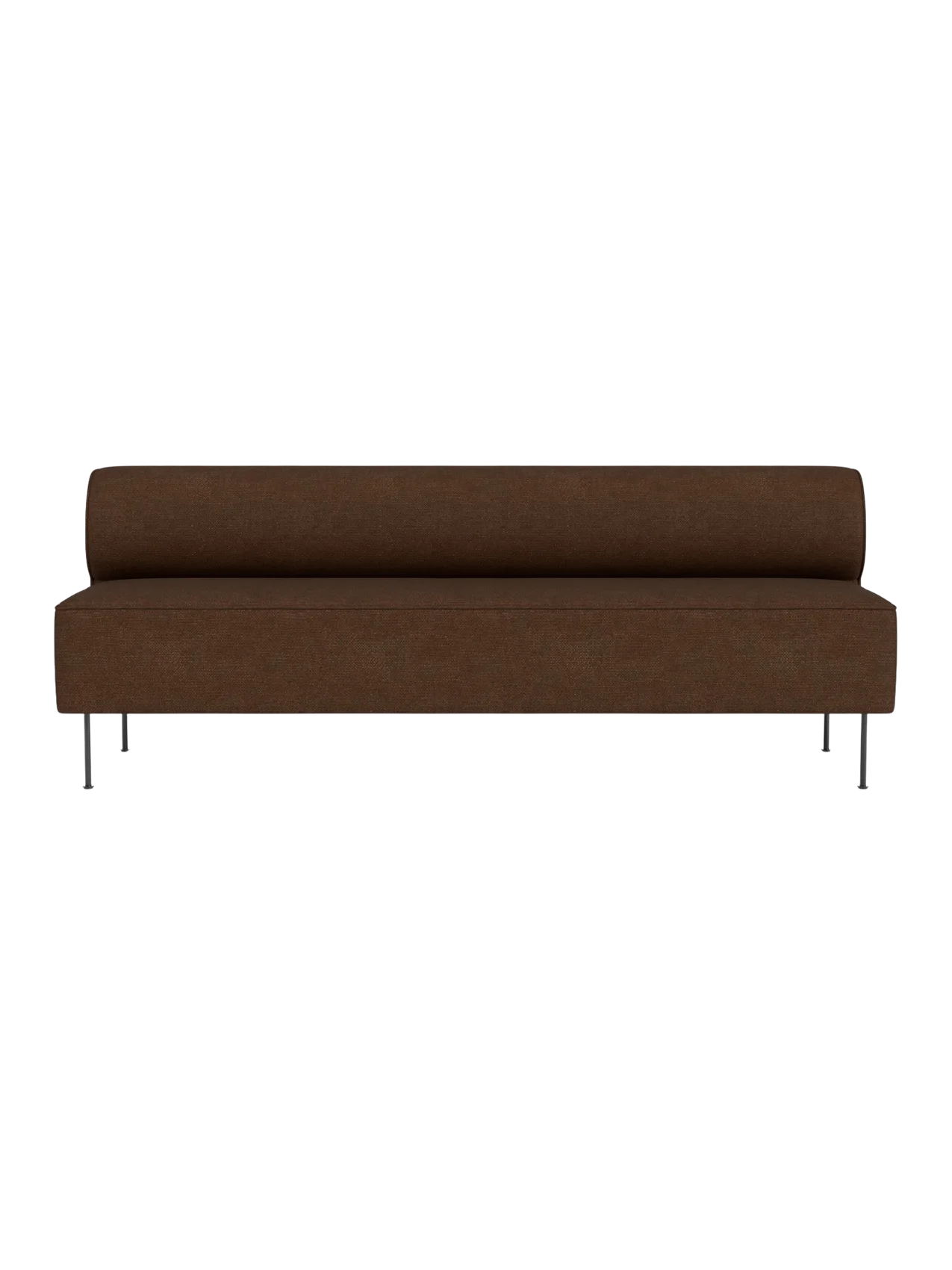 Front view of Eave Dining Sofa, Open section module, in brown upholstery with slender metal legs against a black background.