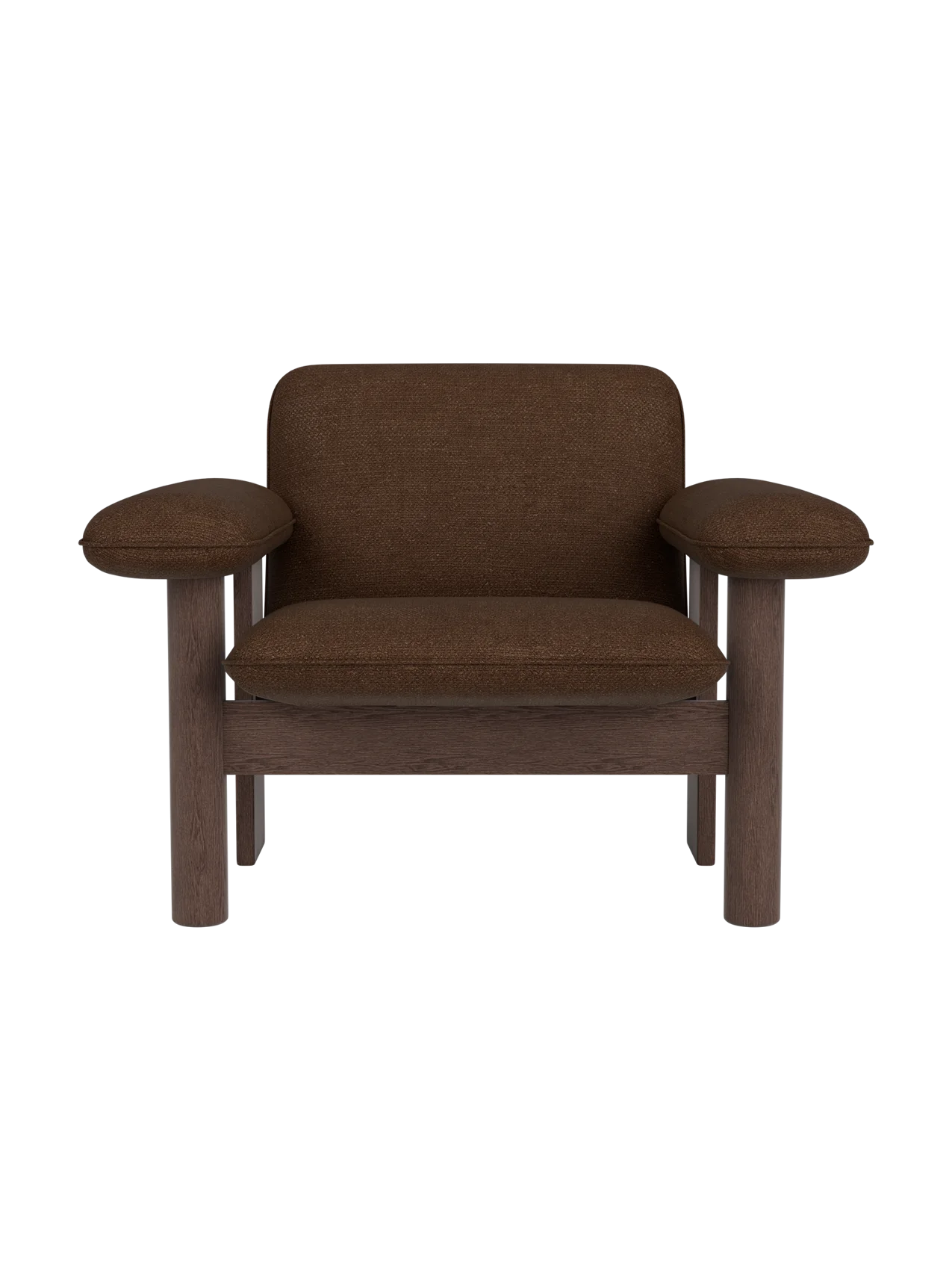 Brasilia Lounge Chair in dark brown bouclé upholstery with a low back and solid dark stained oak frame.