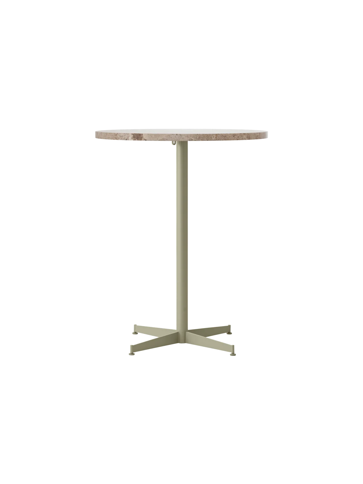 Front view of the Nook Counter Table with a round Kunis Breccia stone top and a slender, olive powder-coated steel base.