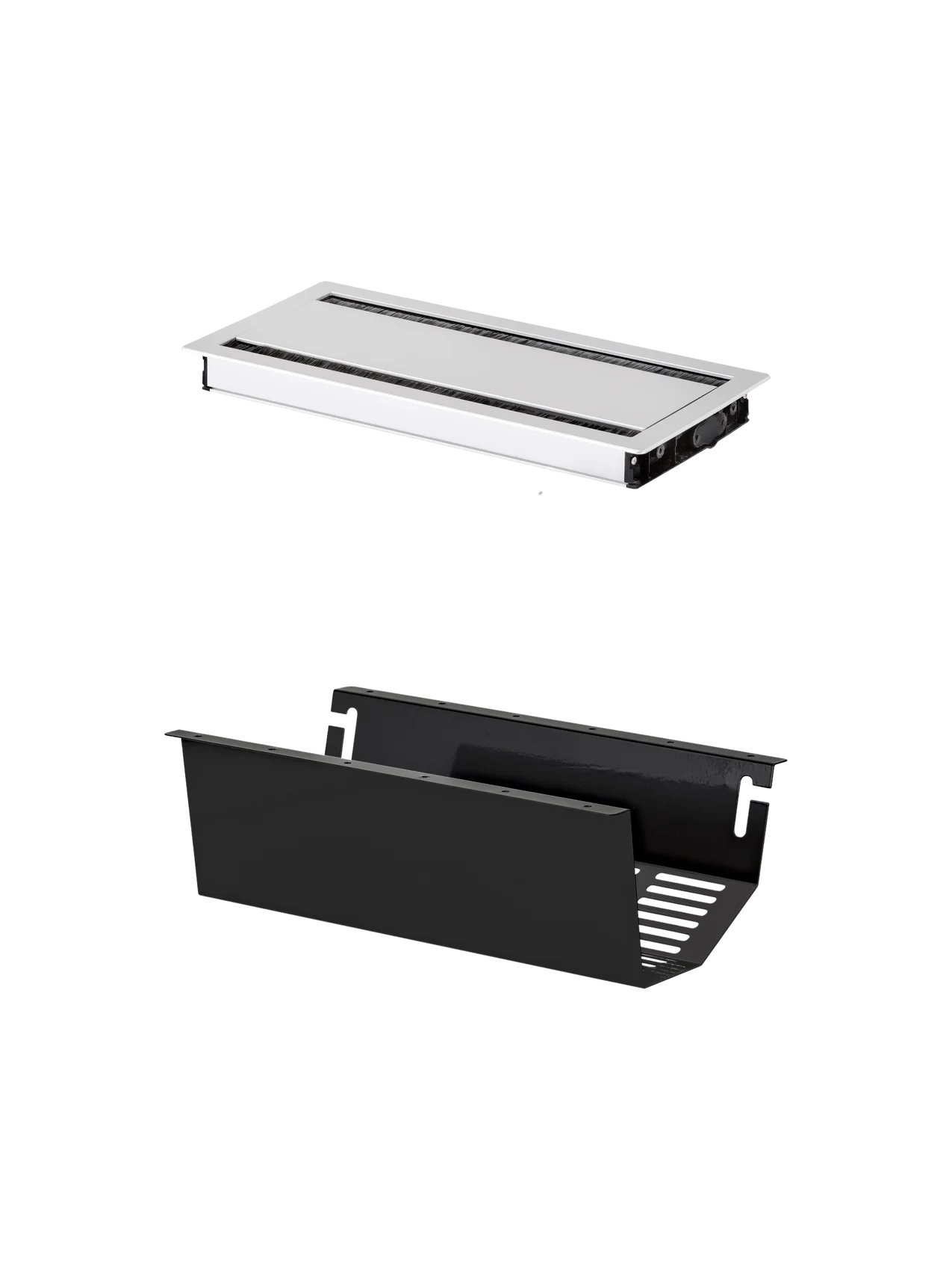 Cable Management in brushed aluminium and black steel, featuring the outlet tray and table cover components.