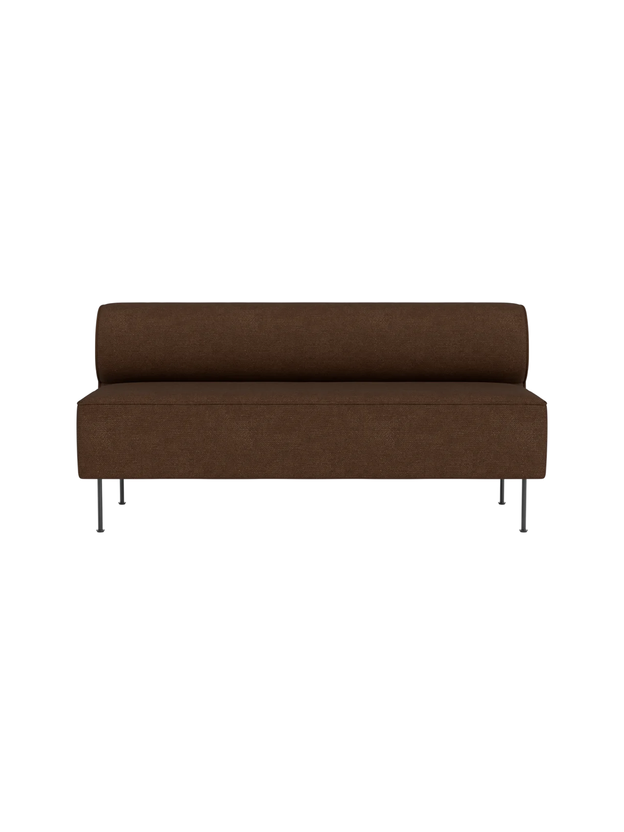 Front view of the Eave Dining Sofa upholstered in brown Audo Bouclé 07 fabric, featuring a low back and slender metal legs.