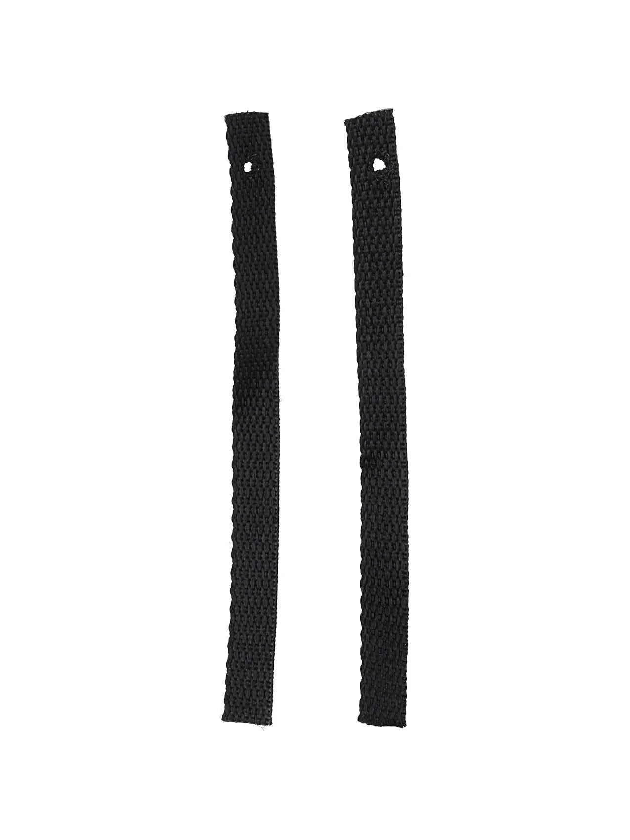 Two vertical black woven straps, each with a small hole at the top, shown against a white background.