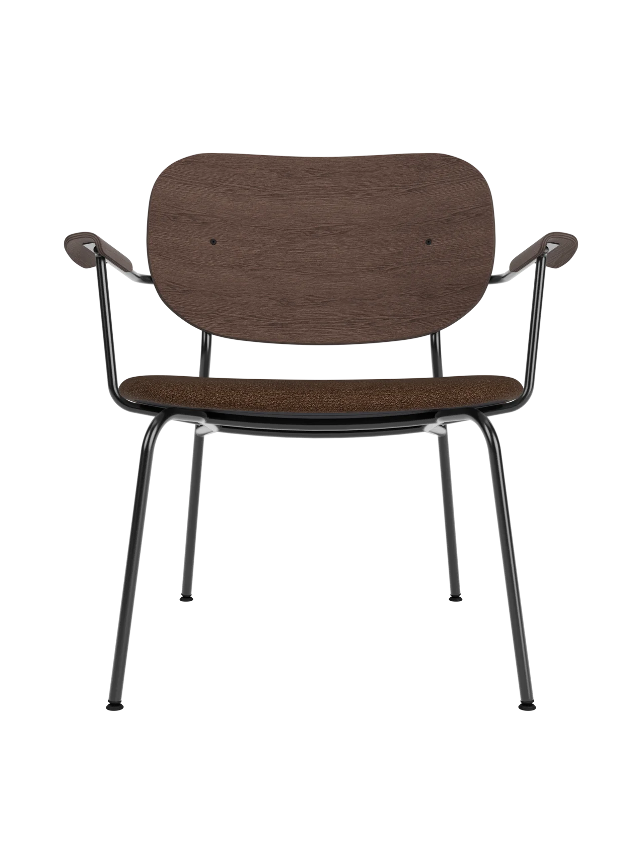 Co Lounge Chair featuring a dark stained oak back, brown bouclé upholstered seat and slender black steel frame.