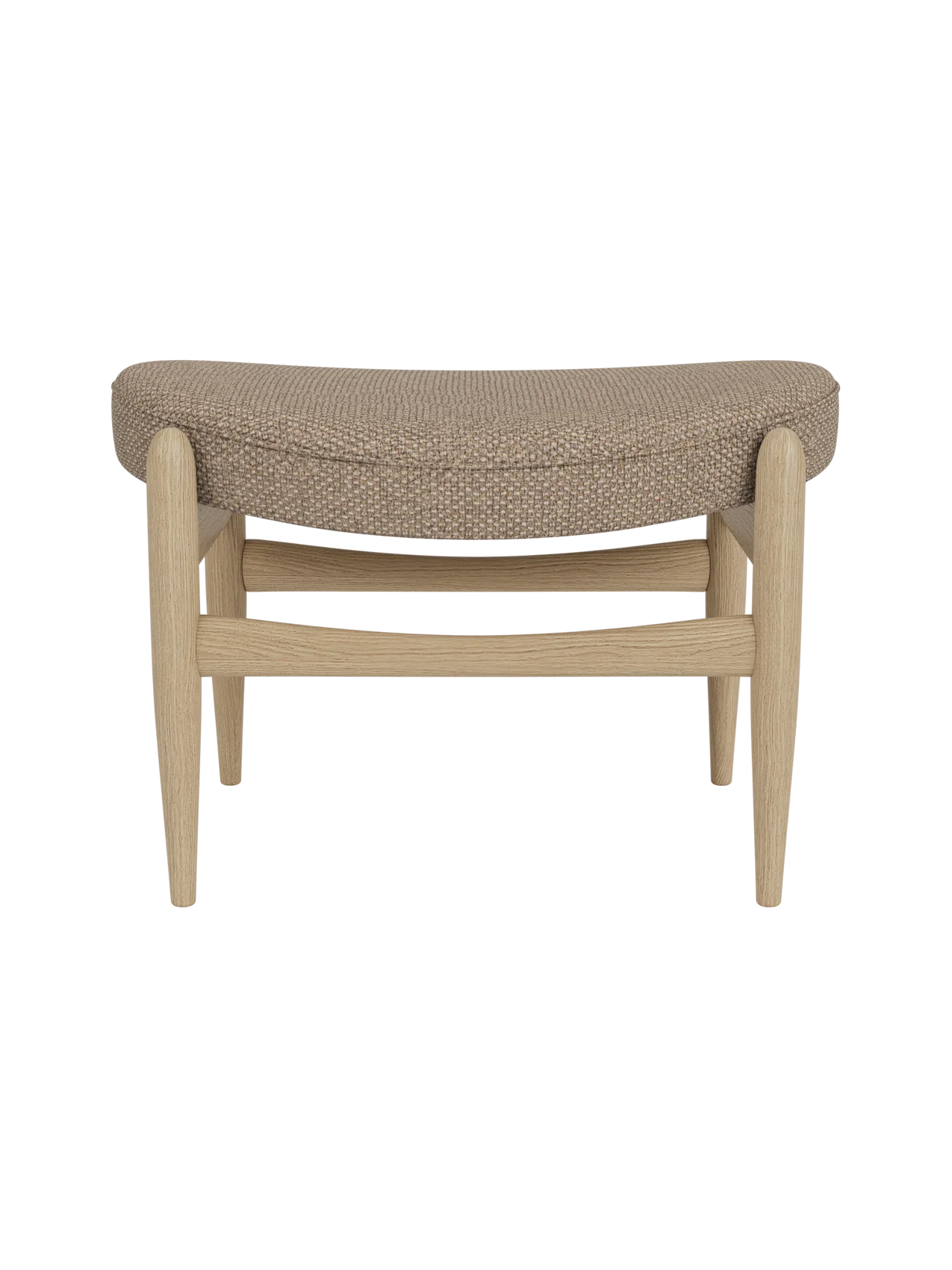 Elizabeth Ottoman in Logan Flint fabric and natural oak, featuring a curved upholstered seat and tapered wooden legs.