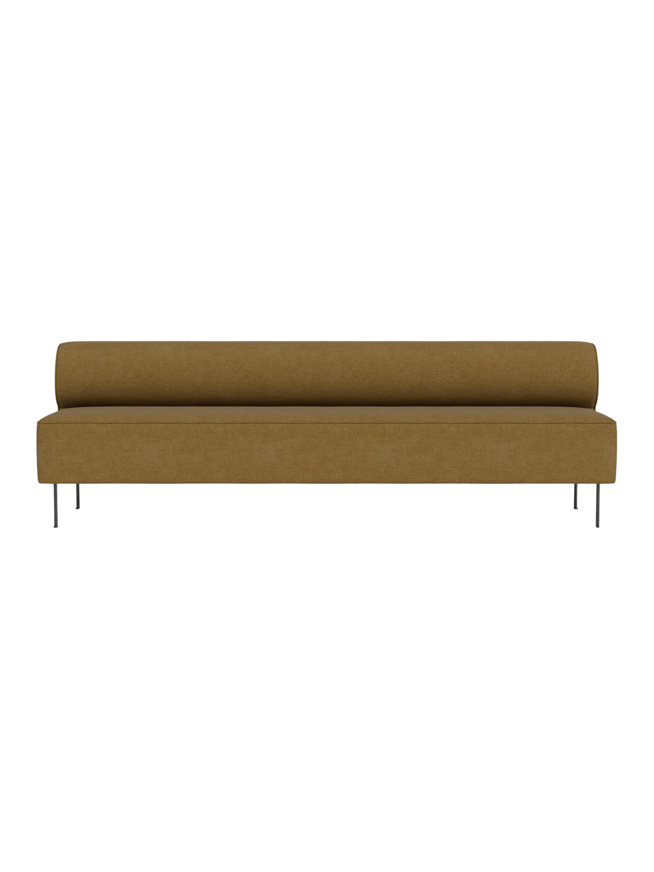 A front view of the Eave Dining Sofa, Open section modules, in a mustard-coloured fabric with thin, dark metal legs.