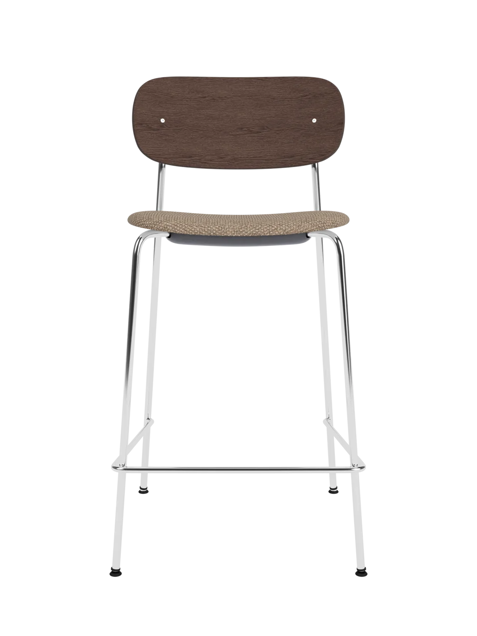 Co Counter Chair in dark stained oak and chrome with a Logan Flint upholstered seat shown against a black background.