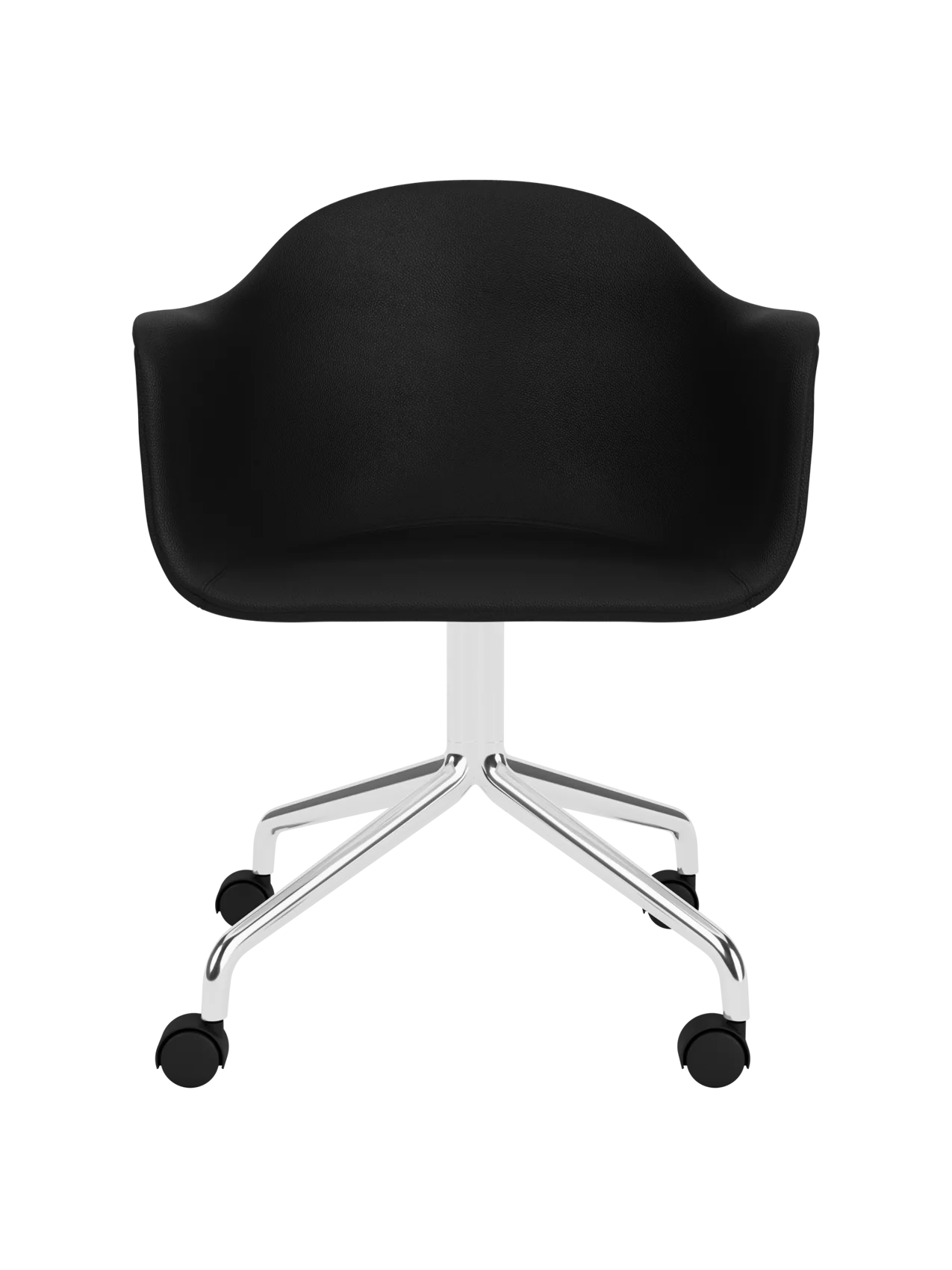 Harbour Dining Chair with black Sierra leather upholstery and a polished aluminium star base on rolling castors.