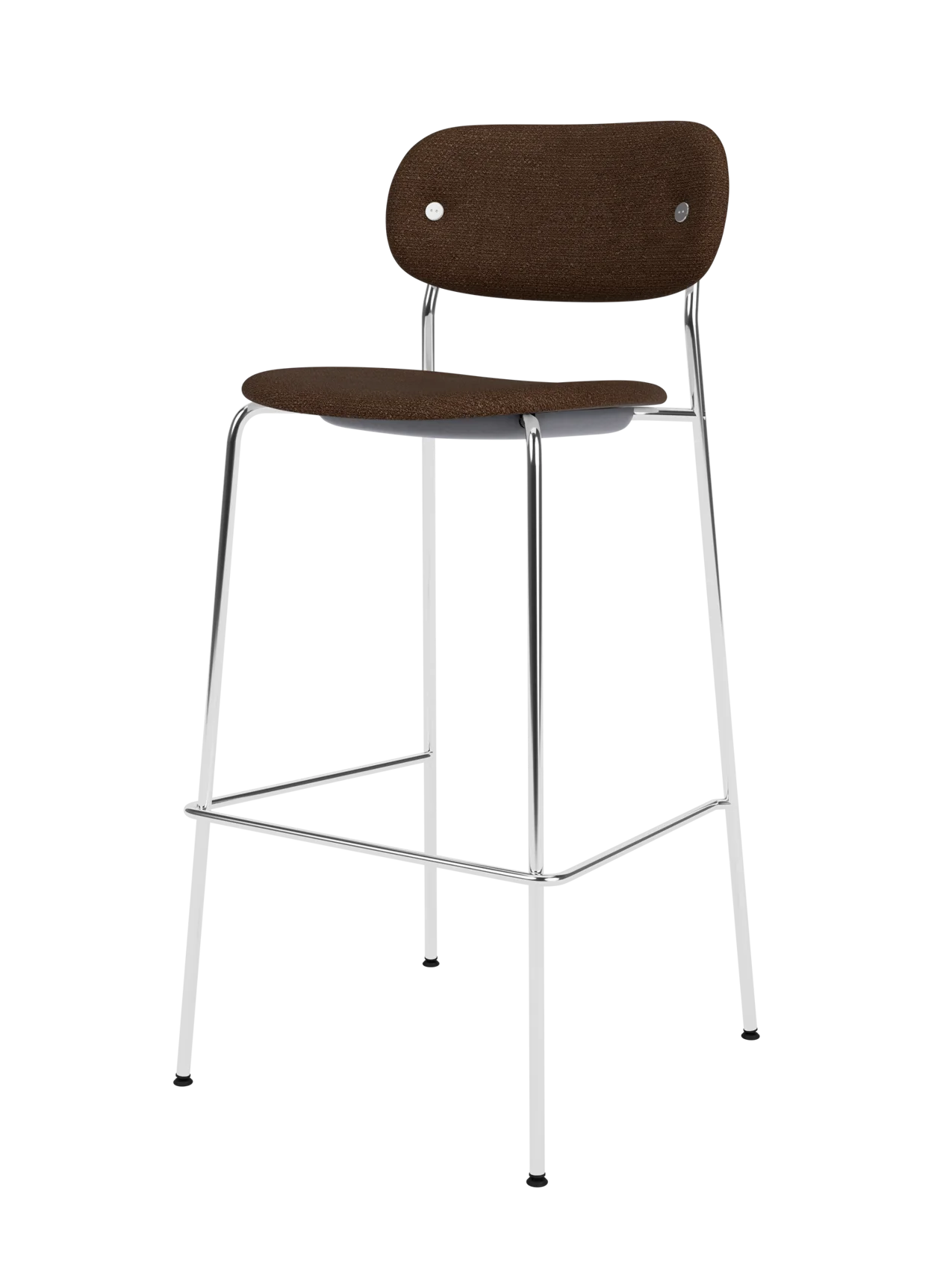 Co Bar Chair featuring brown bouclé upholstery and a slender chrome tubular steel frame with a built-in footrest.