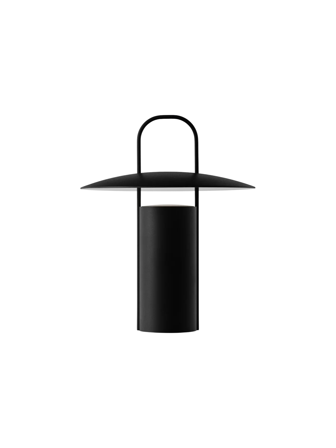 A front-on view of the Ray Table Lamp, Portable, in black. The lamp is off, showing its cylindrical base and wide shade.