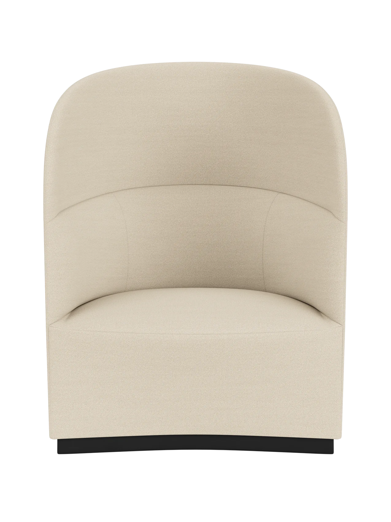 An aerial view of the Tearoom Lounge Chair, High Back, upholstered in a light beige fabric, set against a black background.