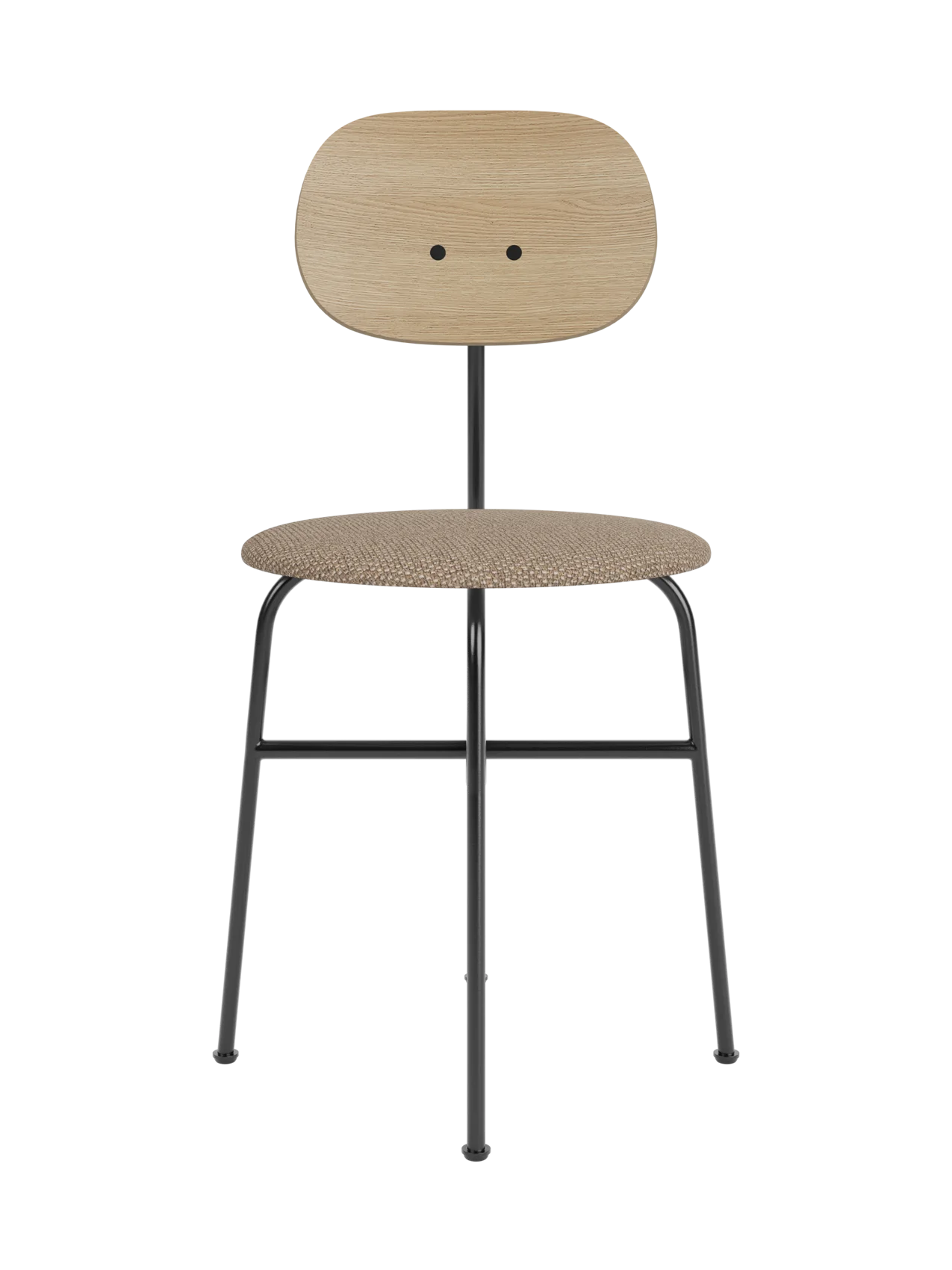Afteroom Dining Chair Plus featuring a natural oak backrest and Logan Flint upholstered seat on a black steel frame.