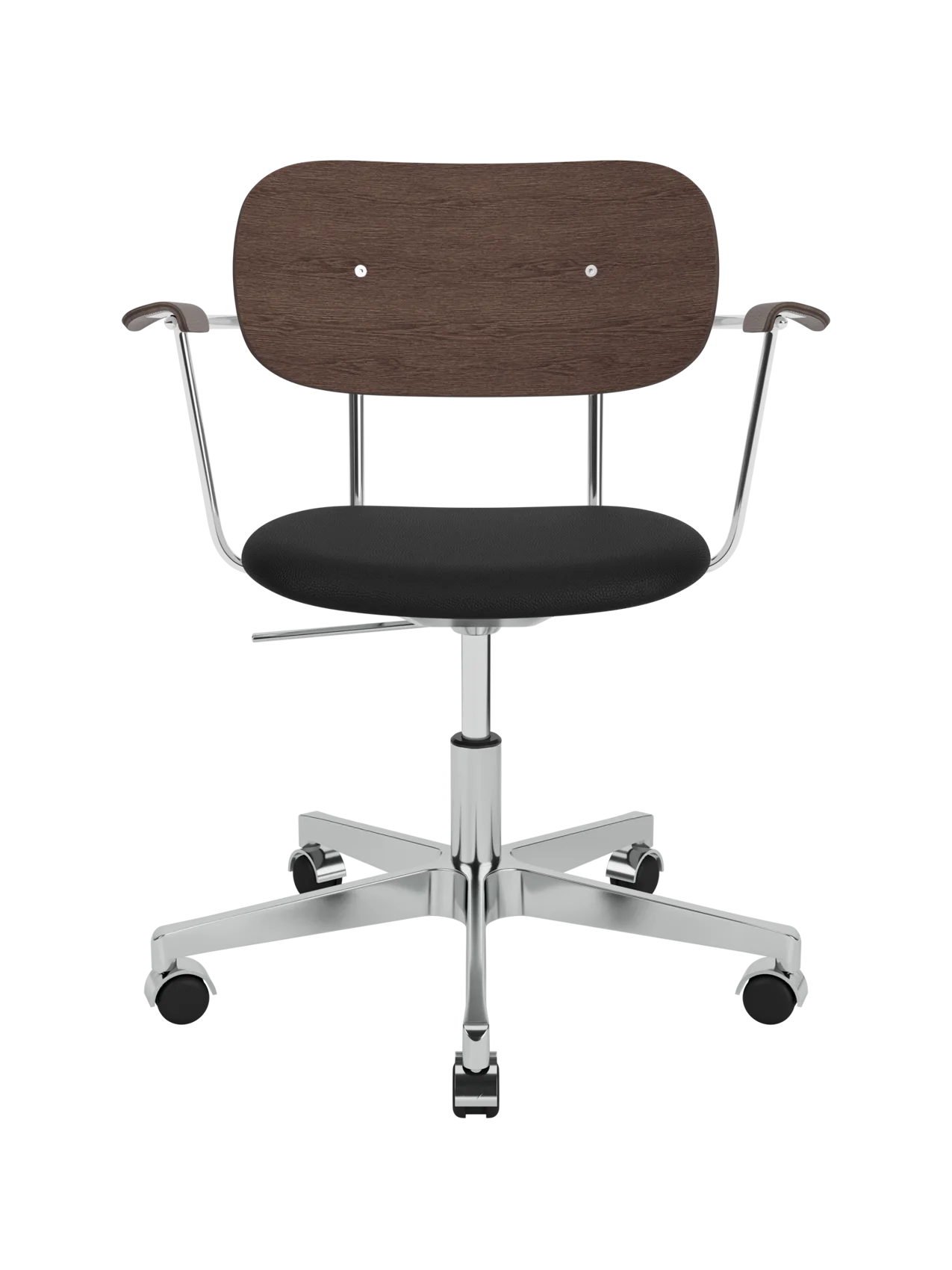 Co Task Chair with armrests, dark stained oak back, black upholstered seat and polished aluminium base with castors.