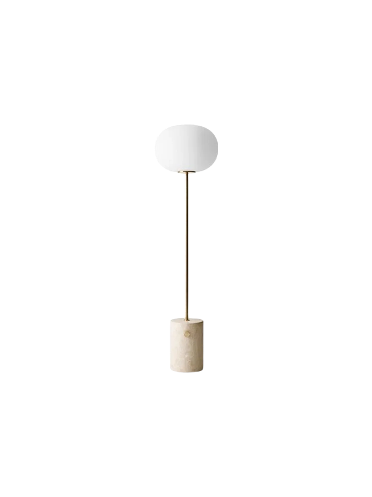 Front view of the JWDA Floor Lamp, featuring a travertine base, a slender brushed brass stem, and a white opal glass shade.