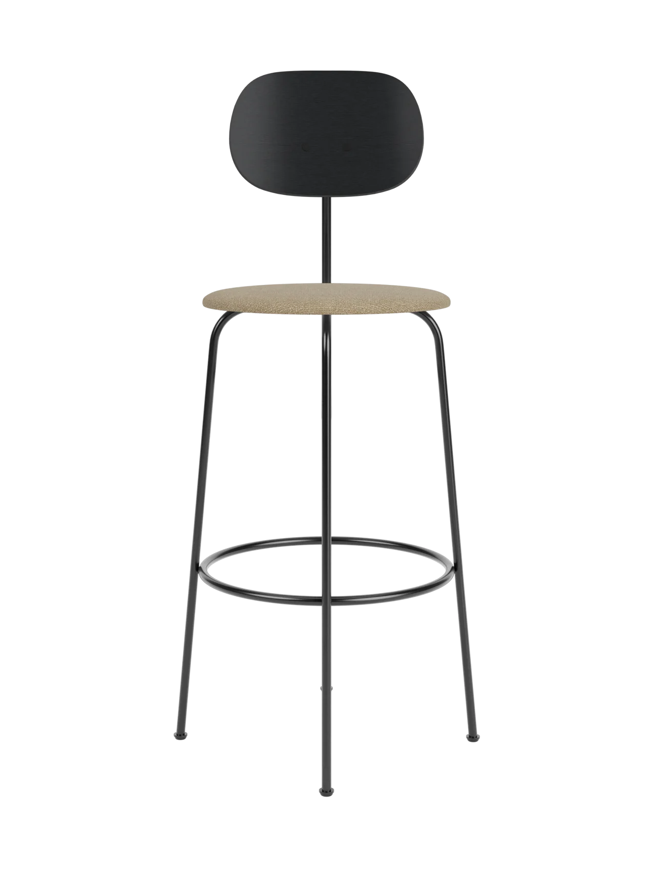 Afteroom Bar Chair Plus with beige Bouclé 02 seat and black painted oak backrest on a slender black metal frame.