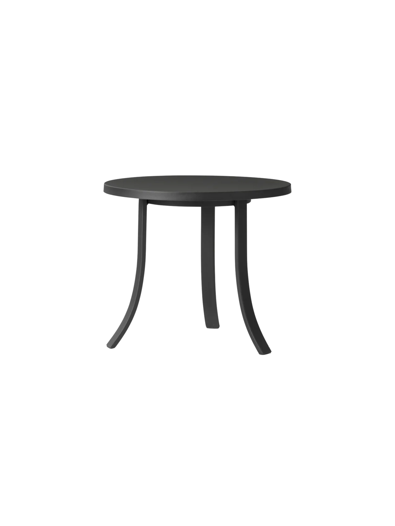 Bloss Garden Side Table in black powder-coated steel with a compact round top and curved legs, shown from a side angle.