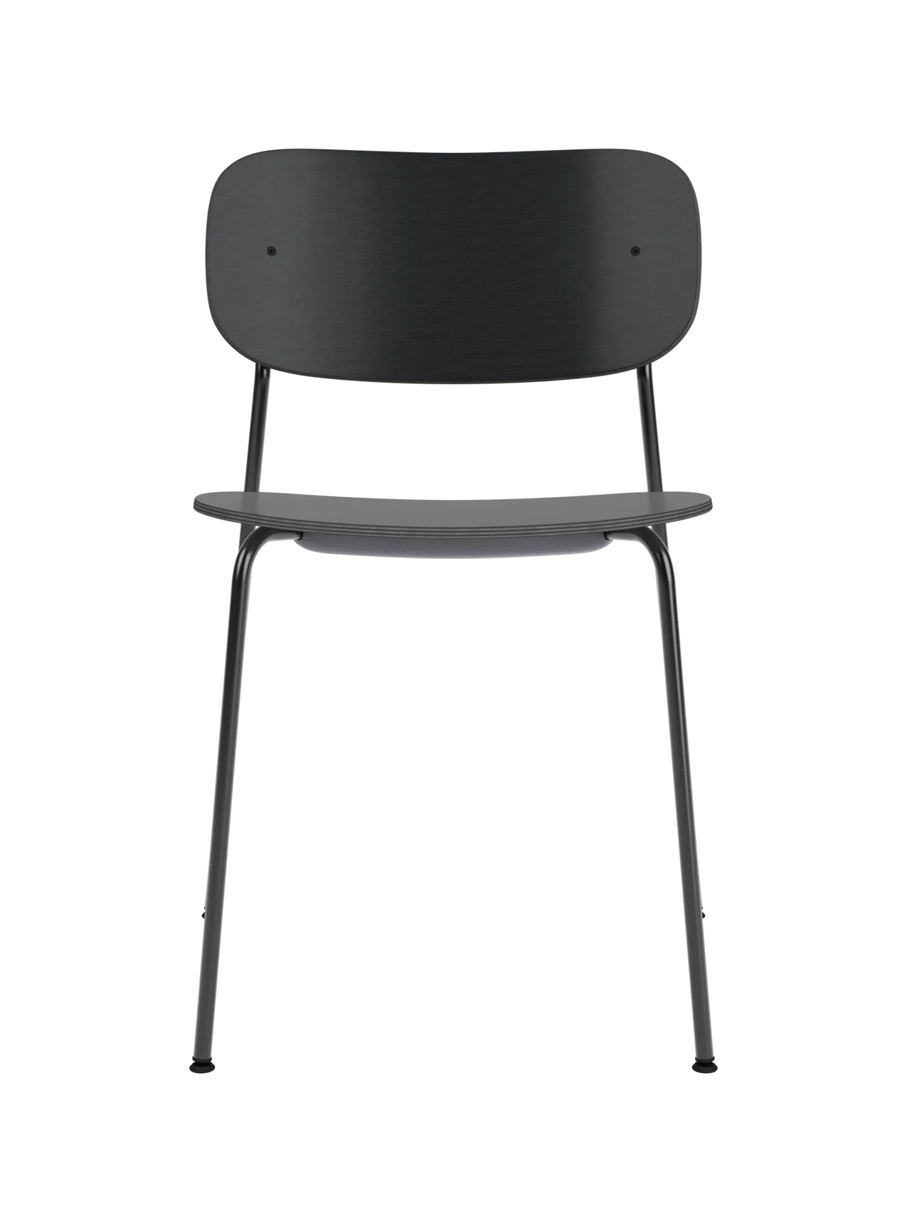 Co Dining Chair featuring a black painted oak veneer seat and backrest on a slender black powder-coated steel frame.