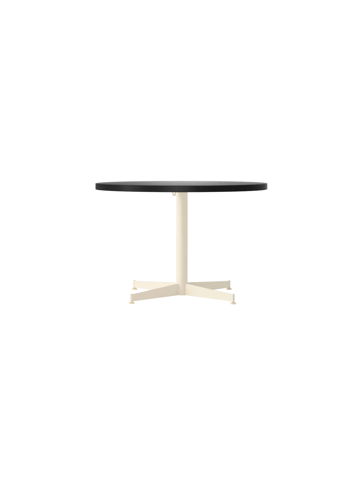 Front view of the Nook Lounge Table with a Linoleum Charcoal top and an Ivory powder-coated steel four-star base.