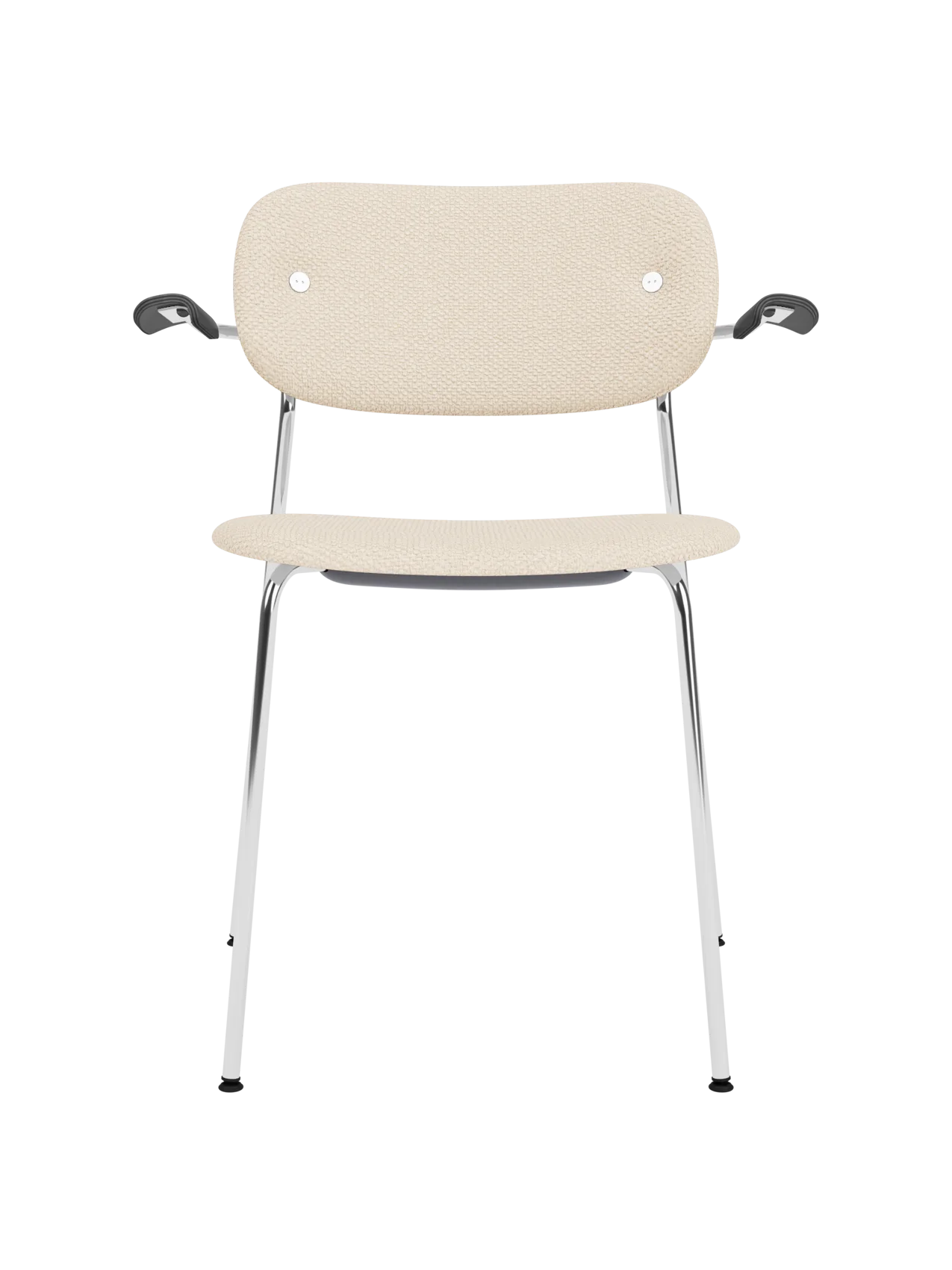 Co Dining Chair in Logan Jasmine upholstery with black armrests and a slender chrome frame on a white background.