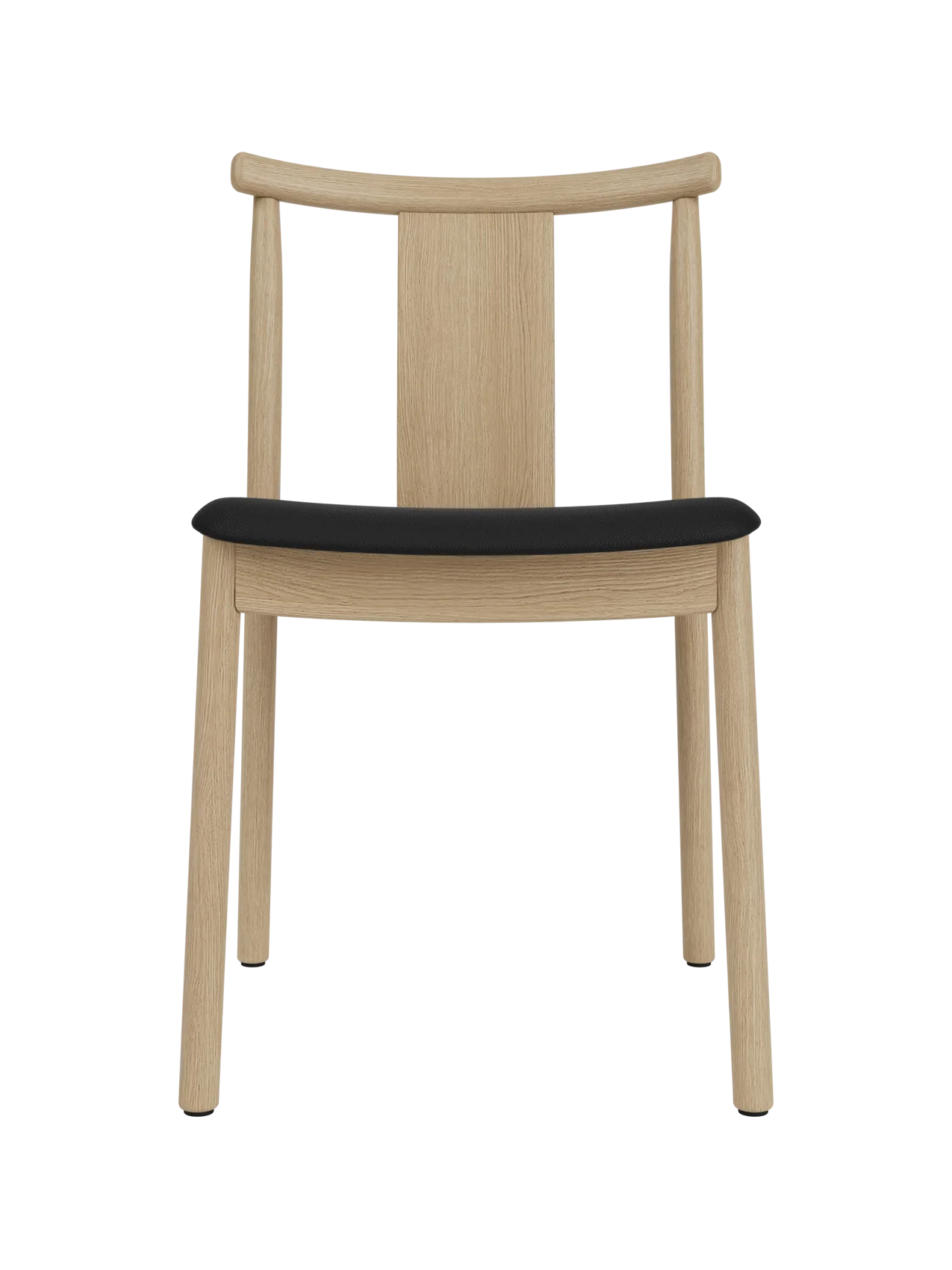 Merkur Dining Chair in natural oak with a black Sierra leather seat, featuring a curved backrest and solid wood frame.