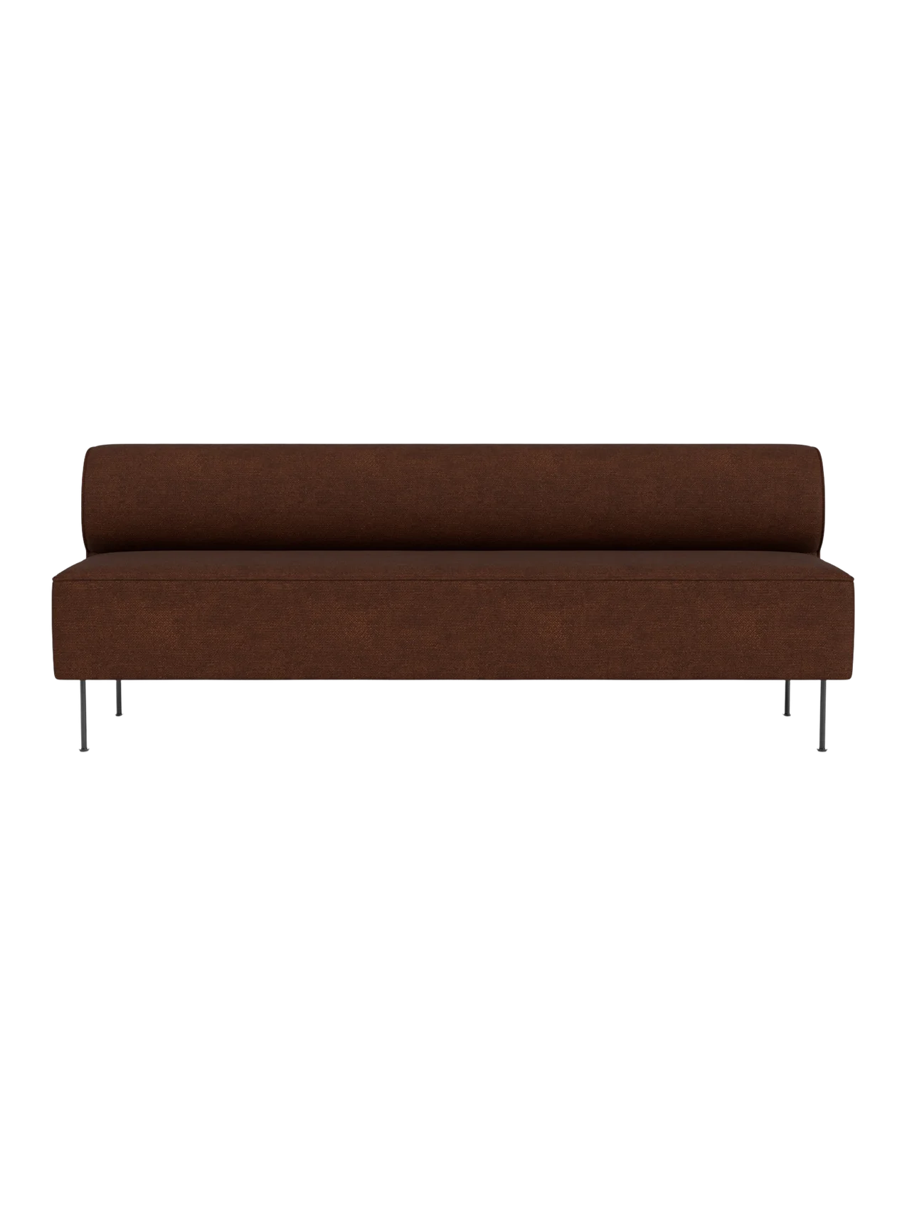 A front view of the Eave Dining Sofa. The long, armless sofa has dark brown upholstery and stands on slender metal legs.