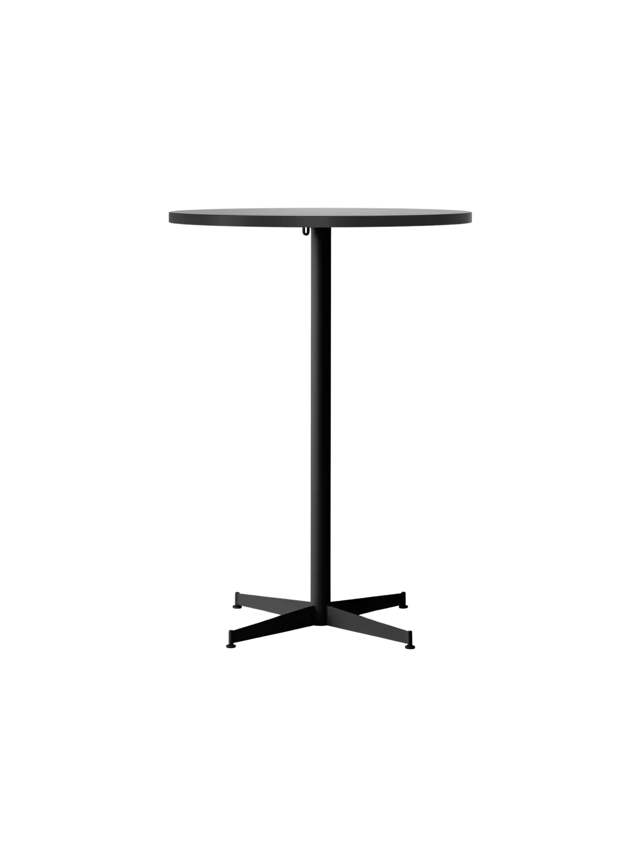 Front view of the Nook Bar Table, featuring a round light-coloured tabletop and a black powder-coated steel base.