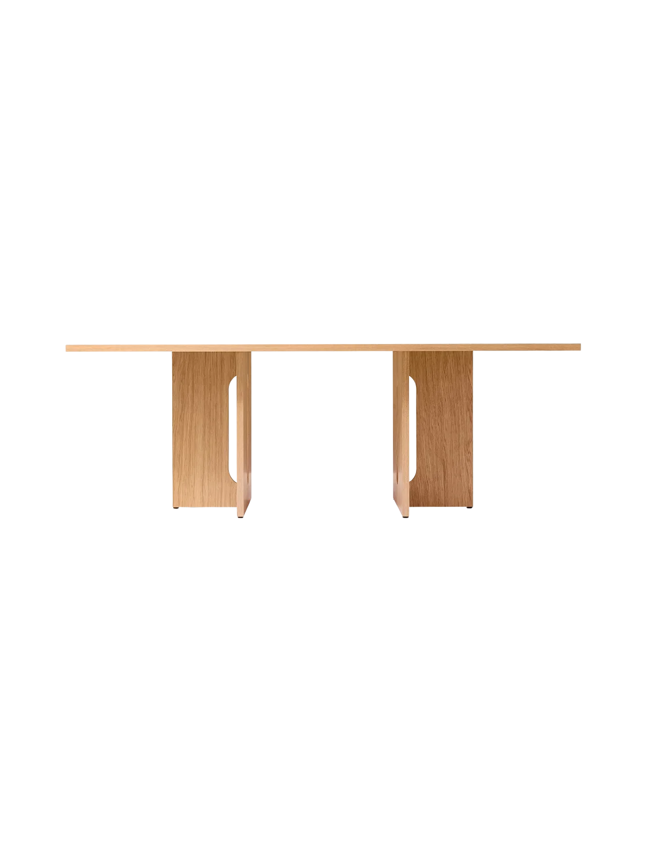 A front view of the Androgyne Dining Table, Rectangular, in natural oak, shown against a black background.