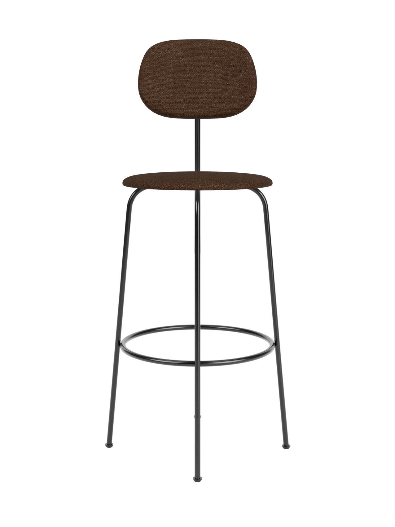 Afteroom Bar Chair Plus featuring brown Bouclé upholstery and a minimalist black metal frame with a circular foot ring.