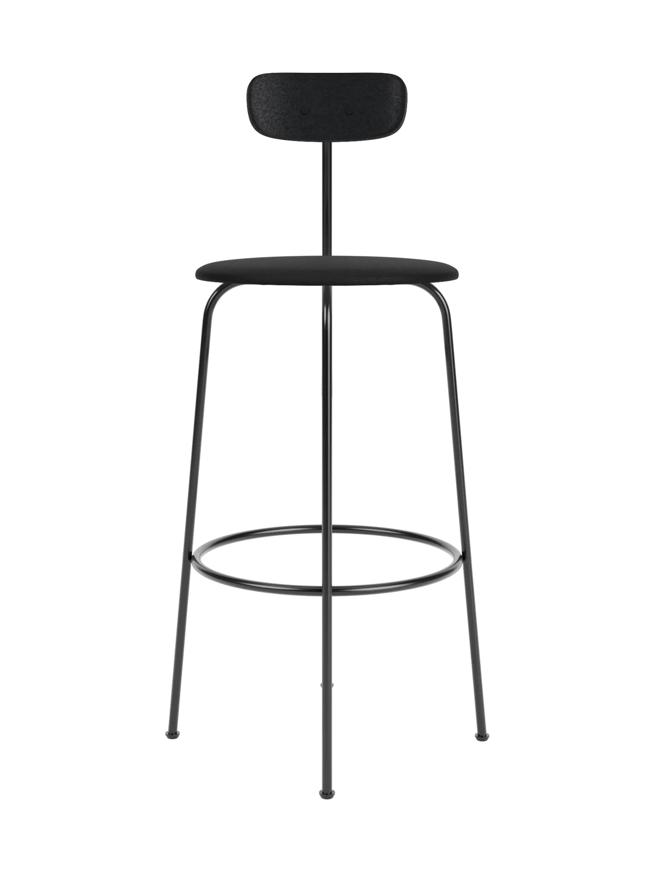 Afteroom Bar Chair with black Sierra 1001 upholstered seat and black painted oak backrest on a slim steel frame.