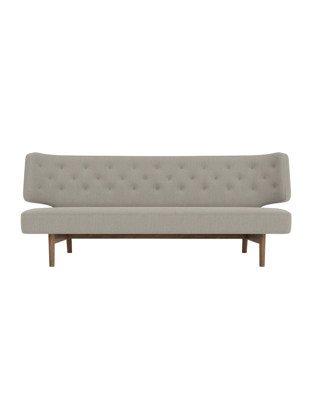 Radiohus Sofa P2 featuring grey Re-wool 218 upholstery, walnut legs, and a distinctive quilted button backrest.