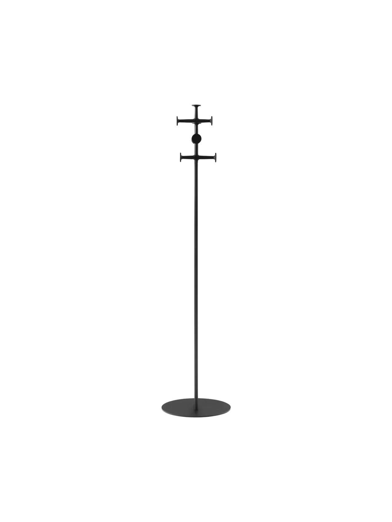 A tall, minimalist black coat stand with a slim pole, flat circular base, and two sets of cross-shaped hooks.