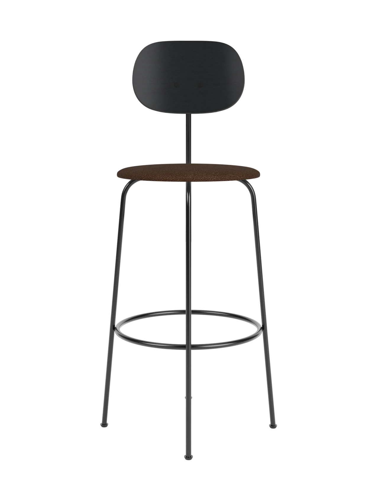 Afteroom Bar Chair Plus with black painted oak backrest and brown bouclé seat on a slender black metal frame.