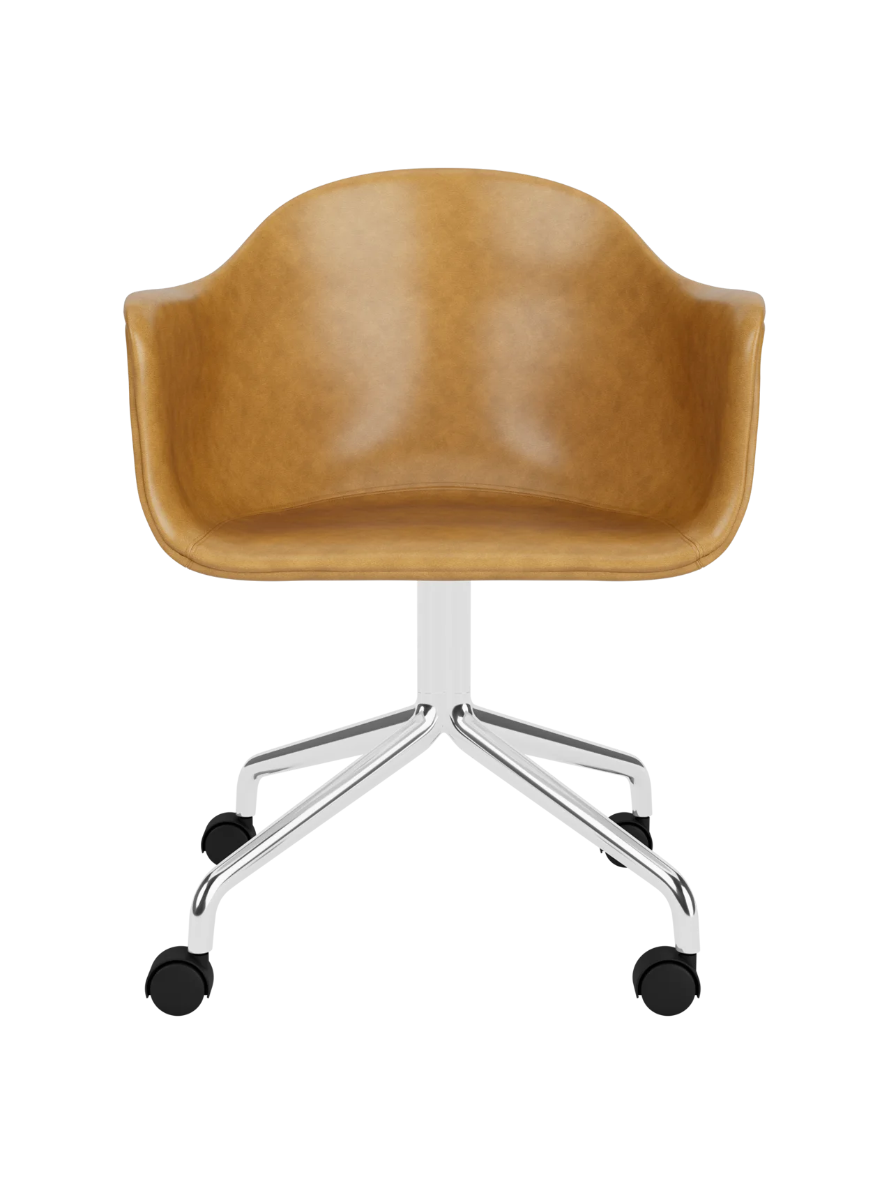 Harbour Dining Chair in tan Dakar leather with a polished aluminium star base and black casters.