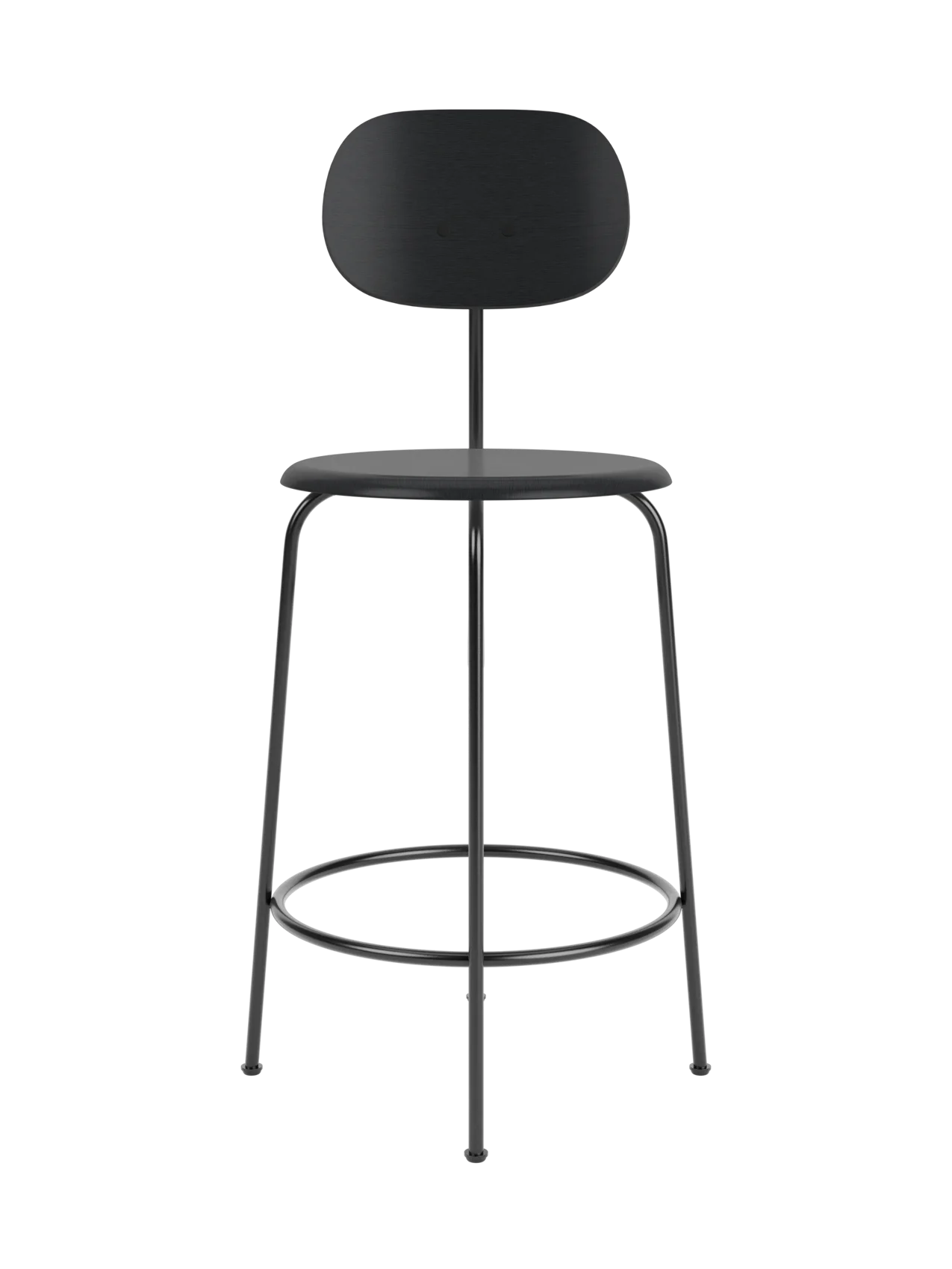 Front view of the minimalist Afteroom Counter Chair Plus in black painted oak with a slender black powder-coated steel frame.