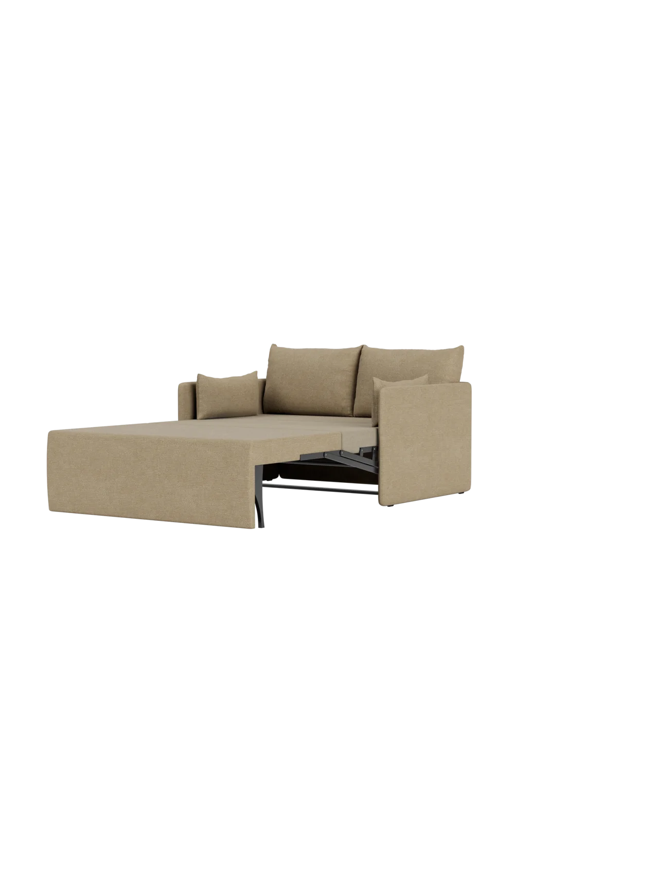 A side-front view of the Offset Sofa Bed upholstered in Audo Bouclé 02, shown fully extended into its bed position.