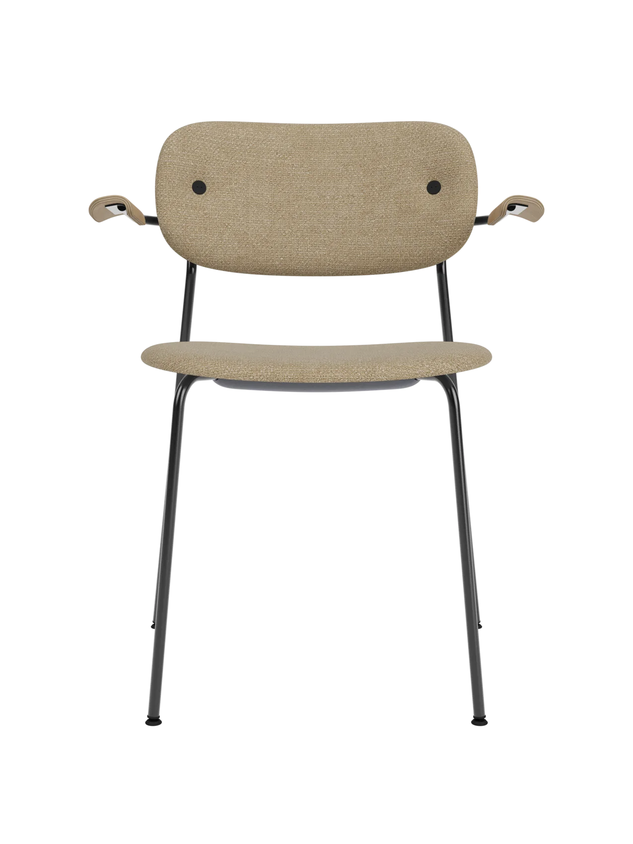 Co Dining Chair with beige bouclé upholstery, natural oak armrests and a black powder-coated steel frame.