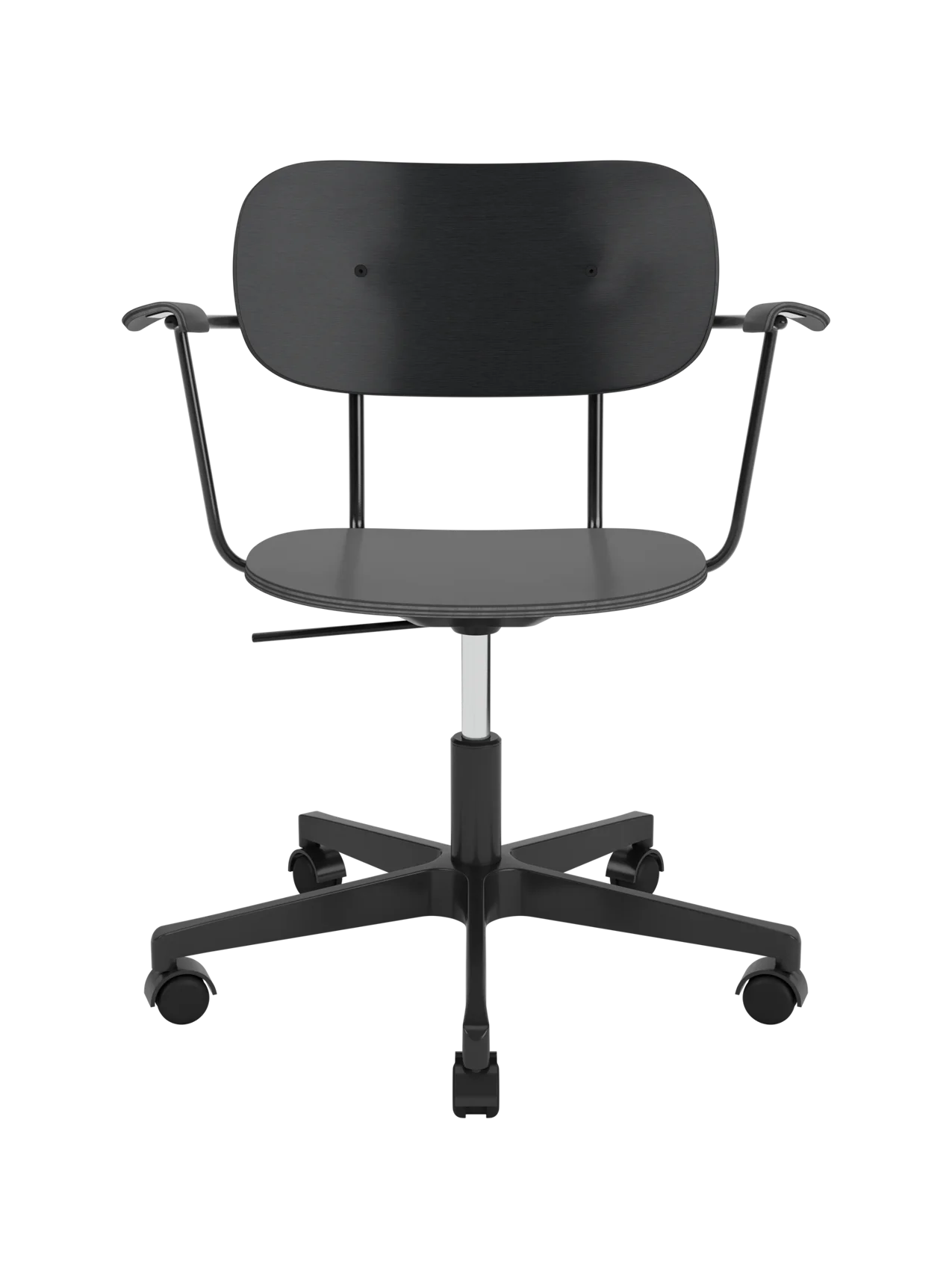 Co Task Chair in black painted oak veneer with armrests and a height-adjustable five-star swivel base with castors.