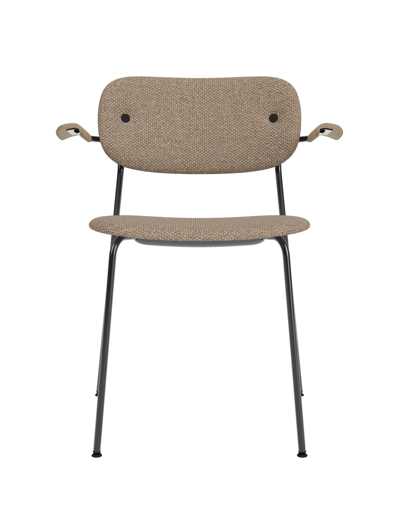 Fully upholstered Co Dining Chair in Logan Flint fabric with natural oak armrests and a sleek black steel frame.
