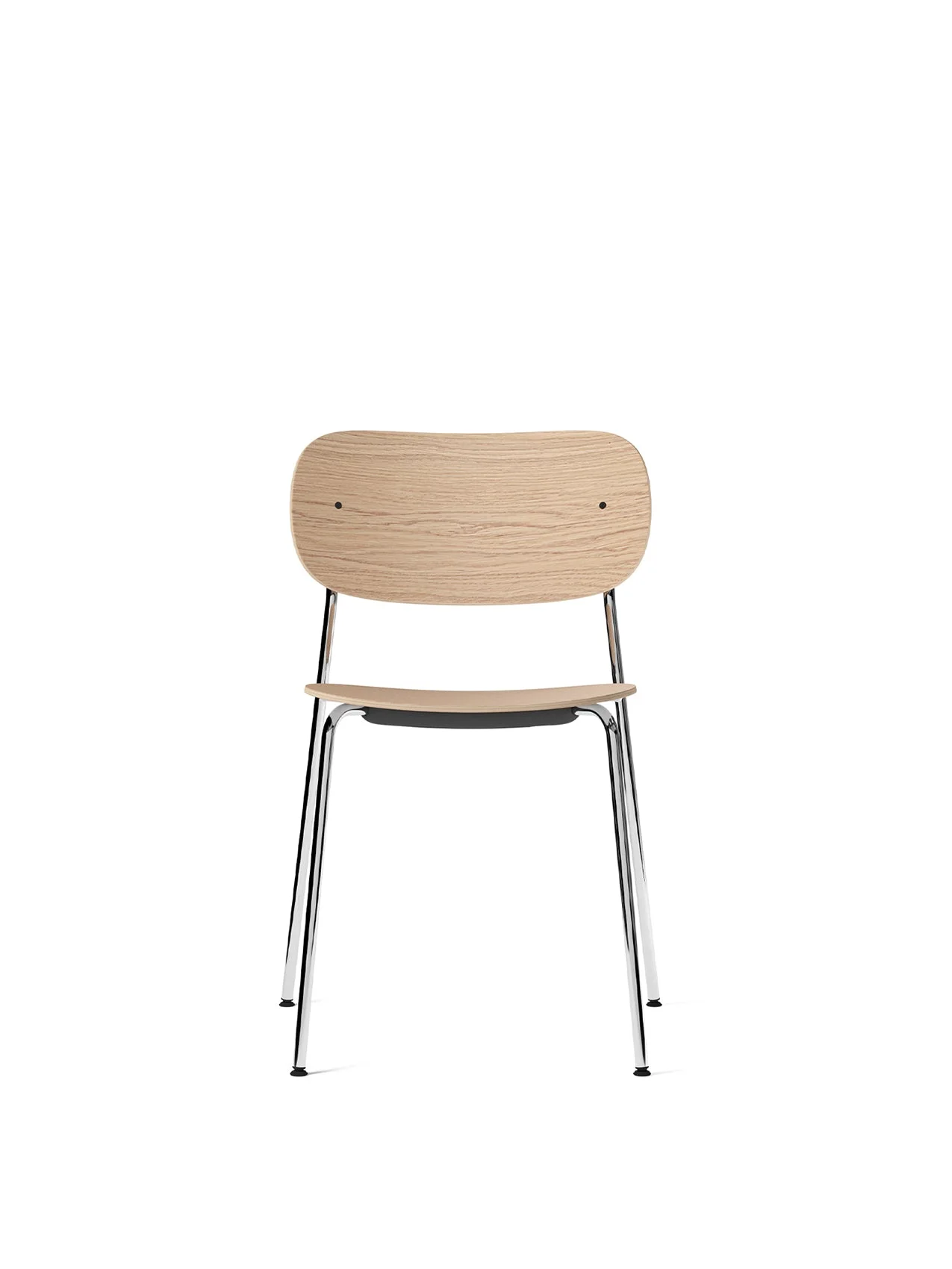 Front view of the Co Dining Chair, featuring a natural oak veneer seat and backrest on a slender, polished chrome frame.