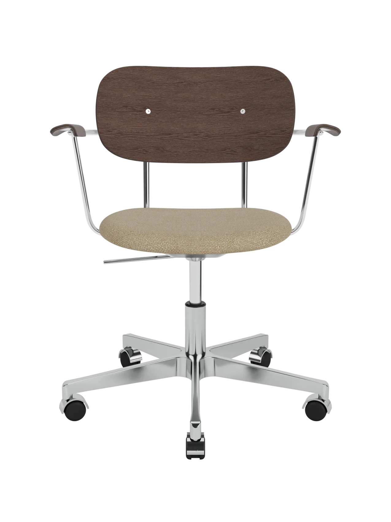 Co Task Chair with beige Bouclé 02 upholstered seat, dark stained oak backrest and armrests on a polished aluminium base.