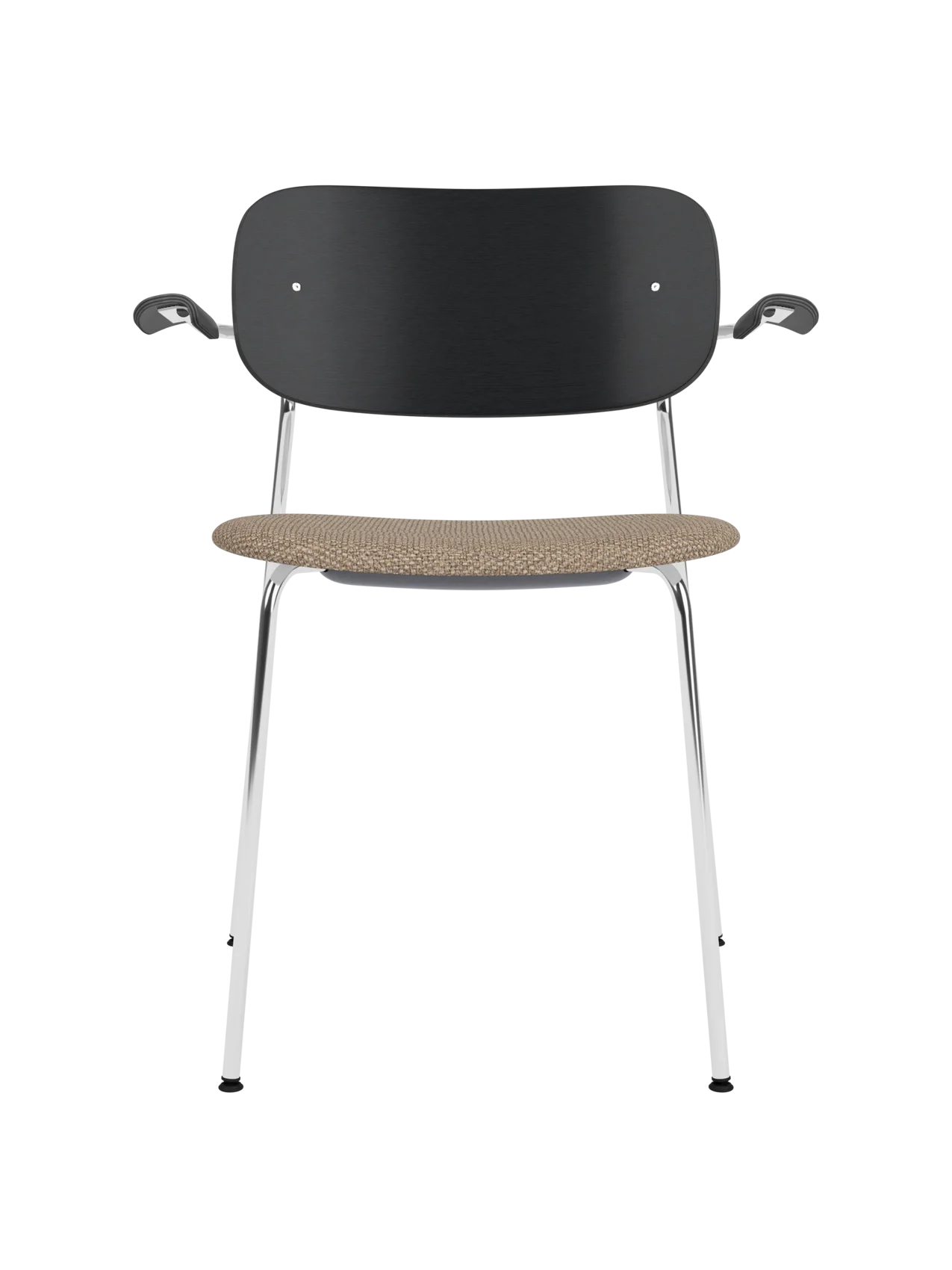 Co Dining Chair with armrests, black painted oak backrest, Logan Flint upholstered seat and a polished chrome frame.