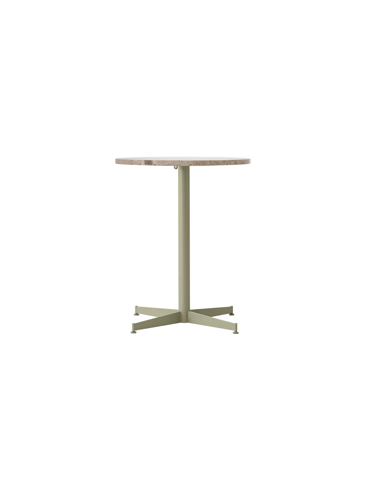 Front view of the Nook Dining Table with a round Kunis Breccia stone top and an olive, four-star powder-coated steel base.